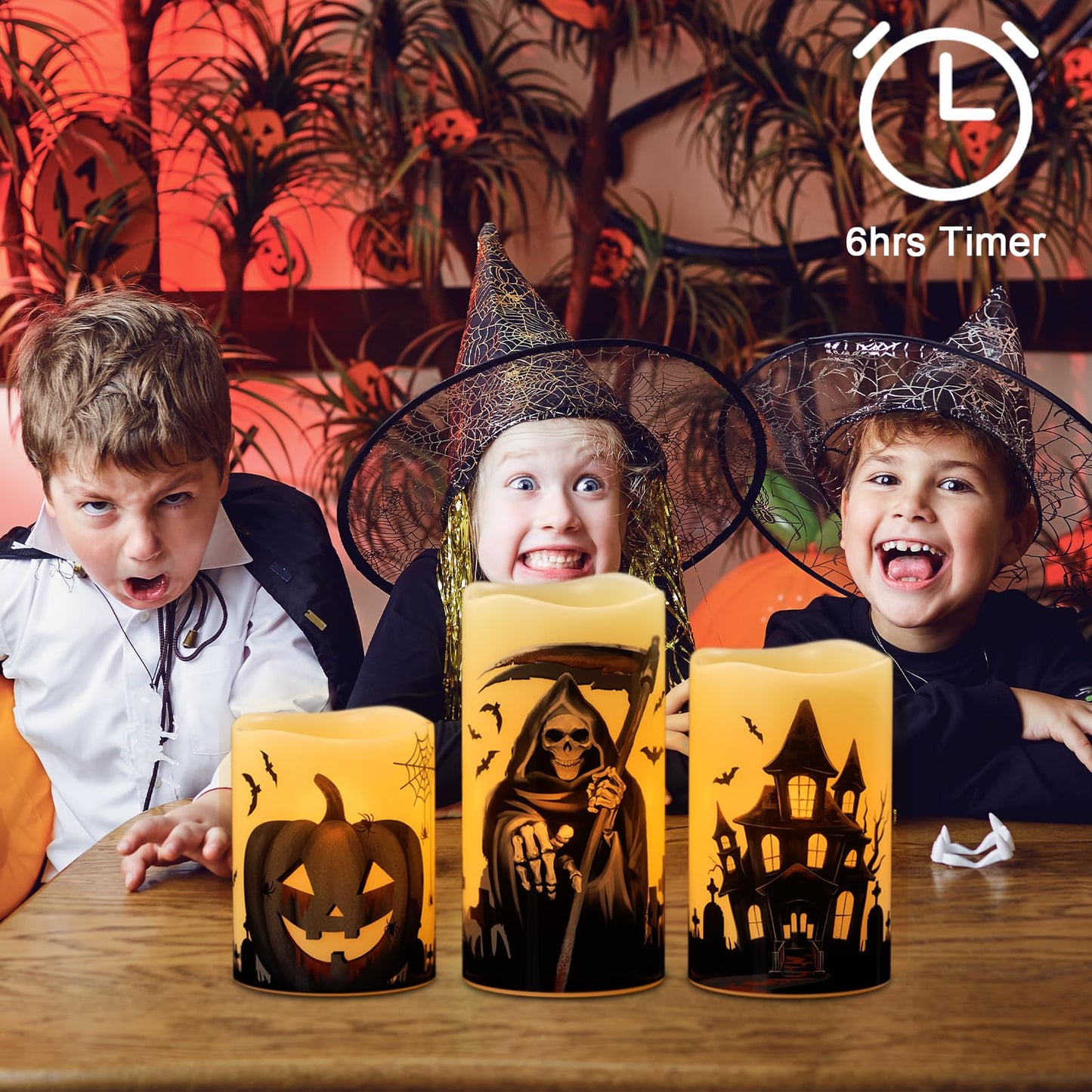 Wondise Halloween Flameless Flickering Candles with 6 Hour Timer, Battery Operated Real Wax Halloween Candles Set of 3 Halloween Decoration Grim Reaper, Haunted House, Pumpkin (3 x 4 5 6 Inch)