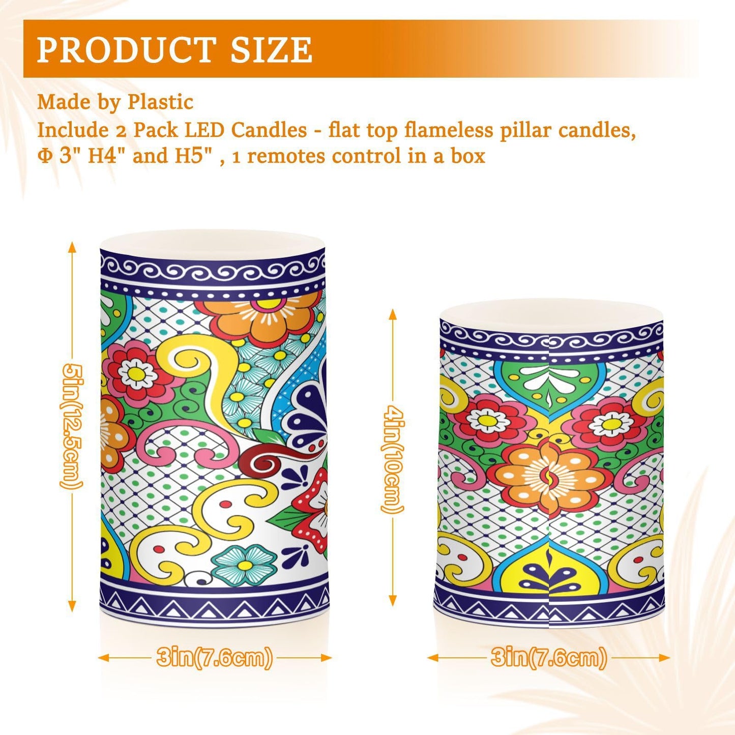 Eionryn Mexican Talavera Floral Tile Flameless Candles Moroccan Boho Flowers Battery Operated LED Candles with Remote Timer Electric Candles for Home Party Decor 2pcs