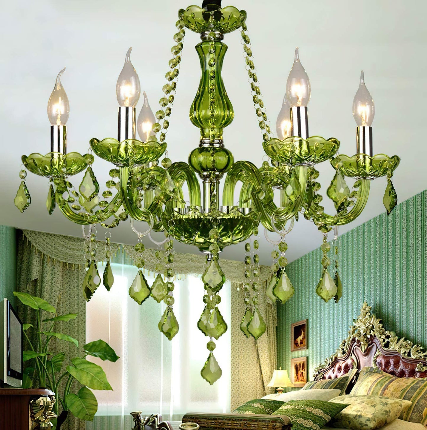 Green K9 Crystal Candle Chandeliers Lighting Modern Pendant Lights Ceiling Fixture Lamp for Dining Living Room Bedroom Hallway Entry Elegant Decoration 6 Lights E12 Base, H20.5 x W23.6 Inch (Upgraded)
