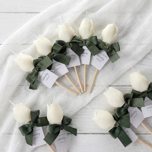 Conelist 24 Pack Tulip Candles Wedding Favors for Guests Bulk White Flower Candle Wedding Return Gifts with Card Sage Green Bow Bridal Shower Favors for Bridal Baby Shower Tables Centerpieces Decor