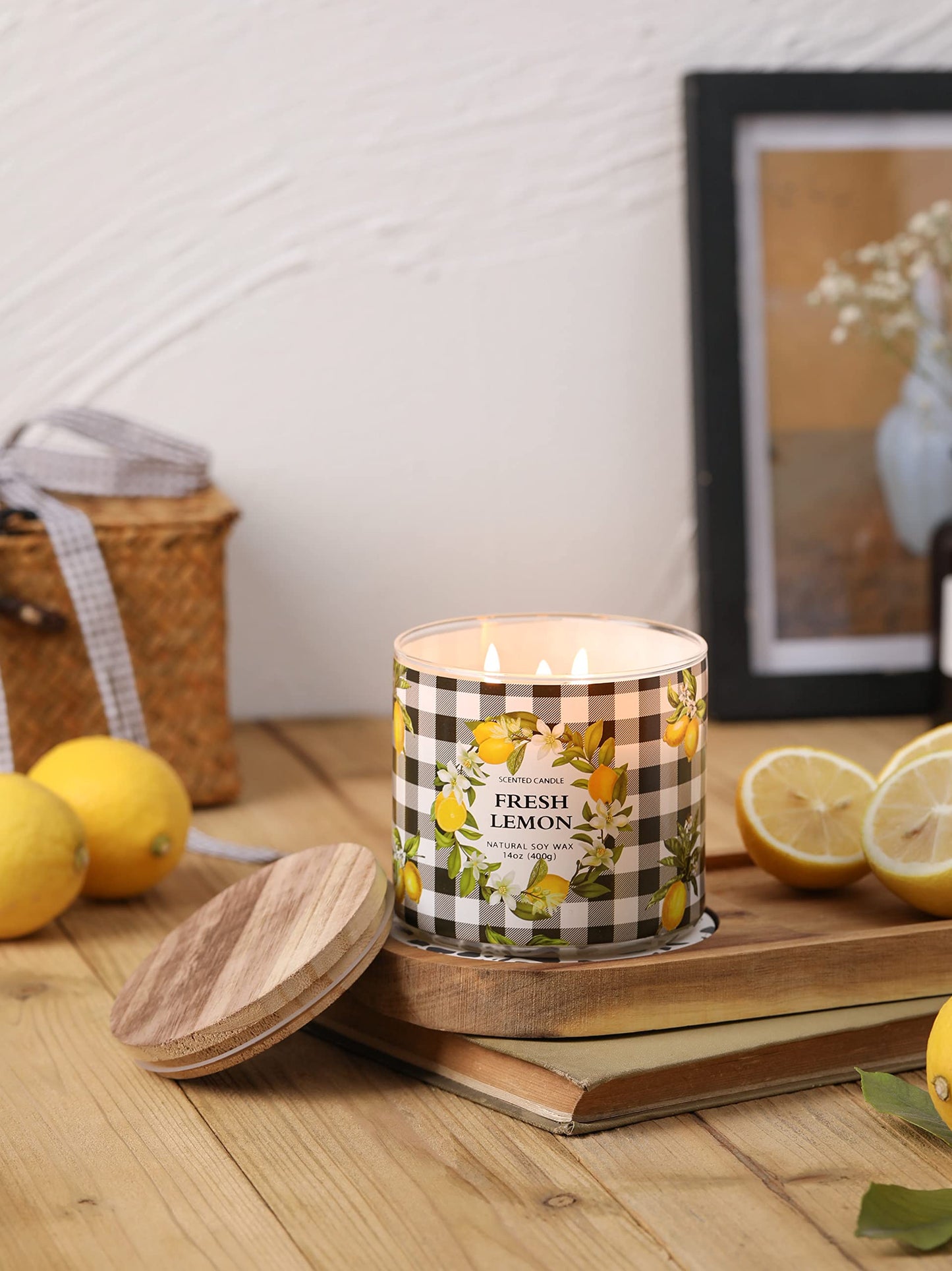 Lemon Candle, Fresh Lemon Scented Candle, Large 3 Wicks Candle, 14 oz