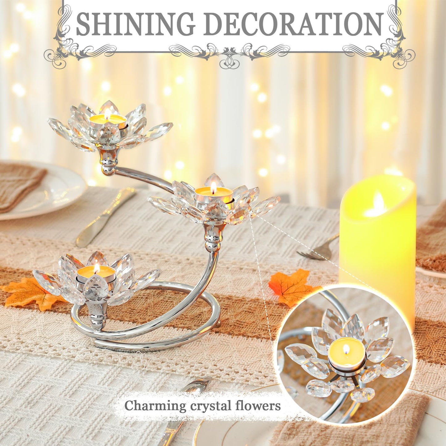 Kehail Silver 1 Pc Crystal Flower Shaped Candle Holder Set, 3-Arm Metal Votive Tea Light Candlestick for Table Centerpiece, Home Wedding Party Anniversary Decor