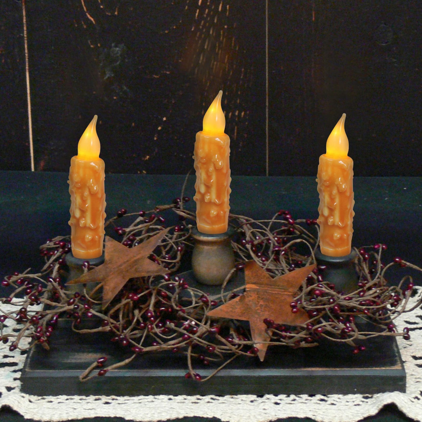 CVHOMEDECO. Real Wax Hand Dipped Battery Operated LED Timer Taper Candles Rustic Primitive Flameless Lights Decor, 4-3/4 Inch, Orange, 2 PCS in a Package