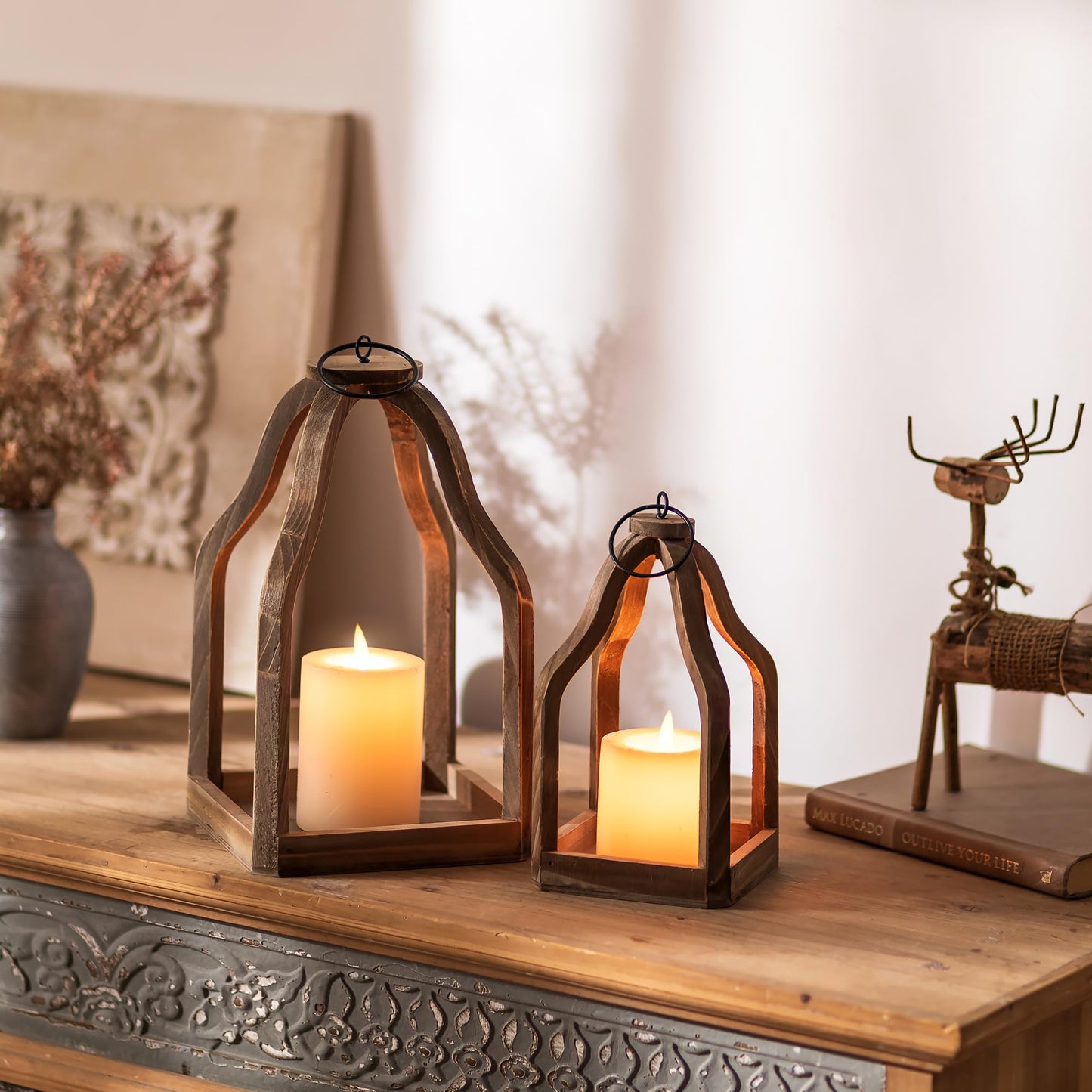 Romadedi Farmhouse Decorative Lantern Wooden - Set of 2 Rustic Wood Lanterns Candle Holder for Wedding Table Centerpieces Indoor Outdoor Fireplace Mantle Home Decor, Brown