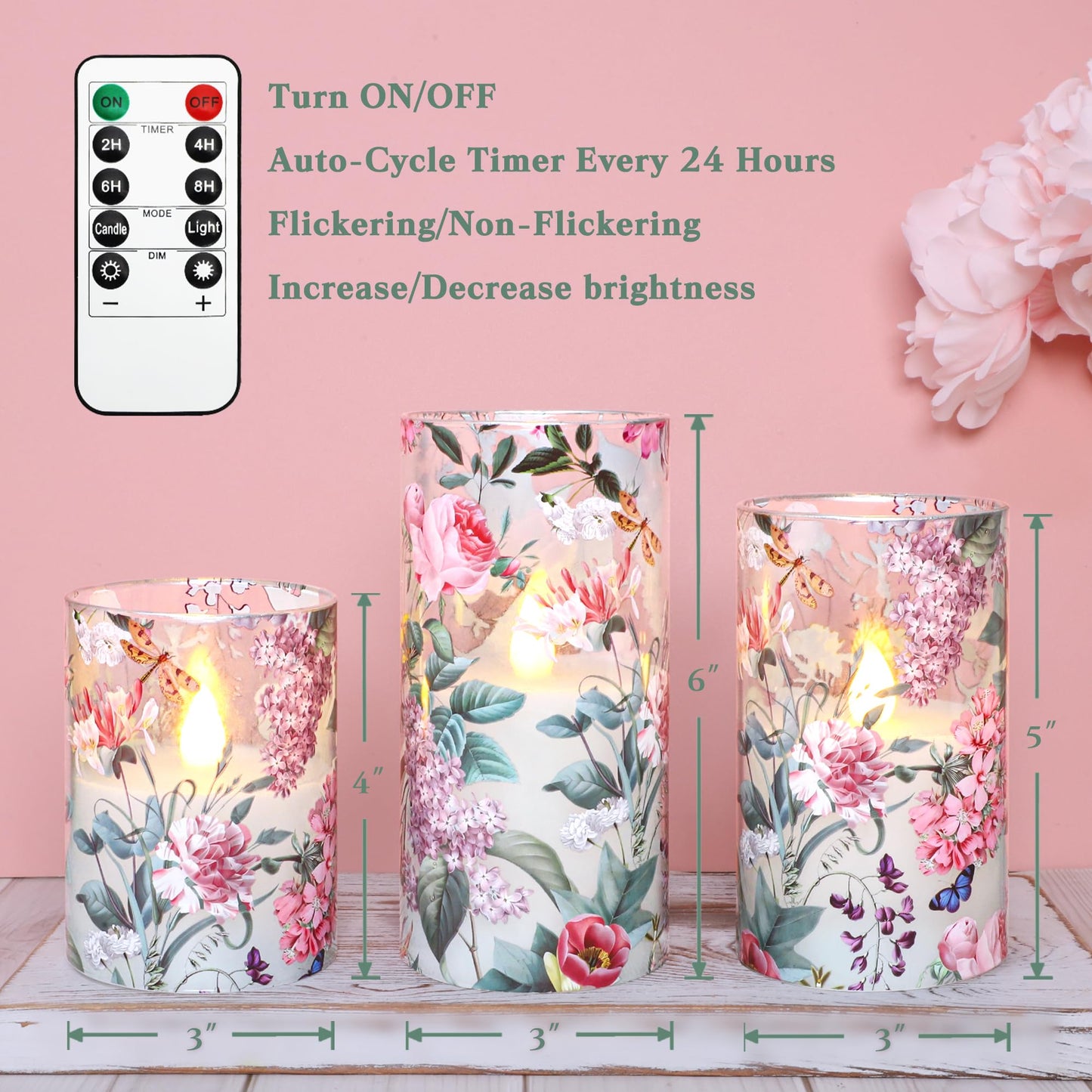 CRYSTAL CLUB Floral Glass Flameless Candles Battery Operated with Remote, Realistic LED Flickering Pillar Candle for Wedding, Home Decor