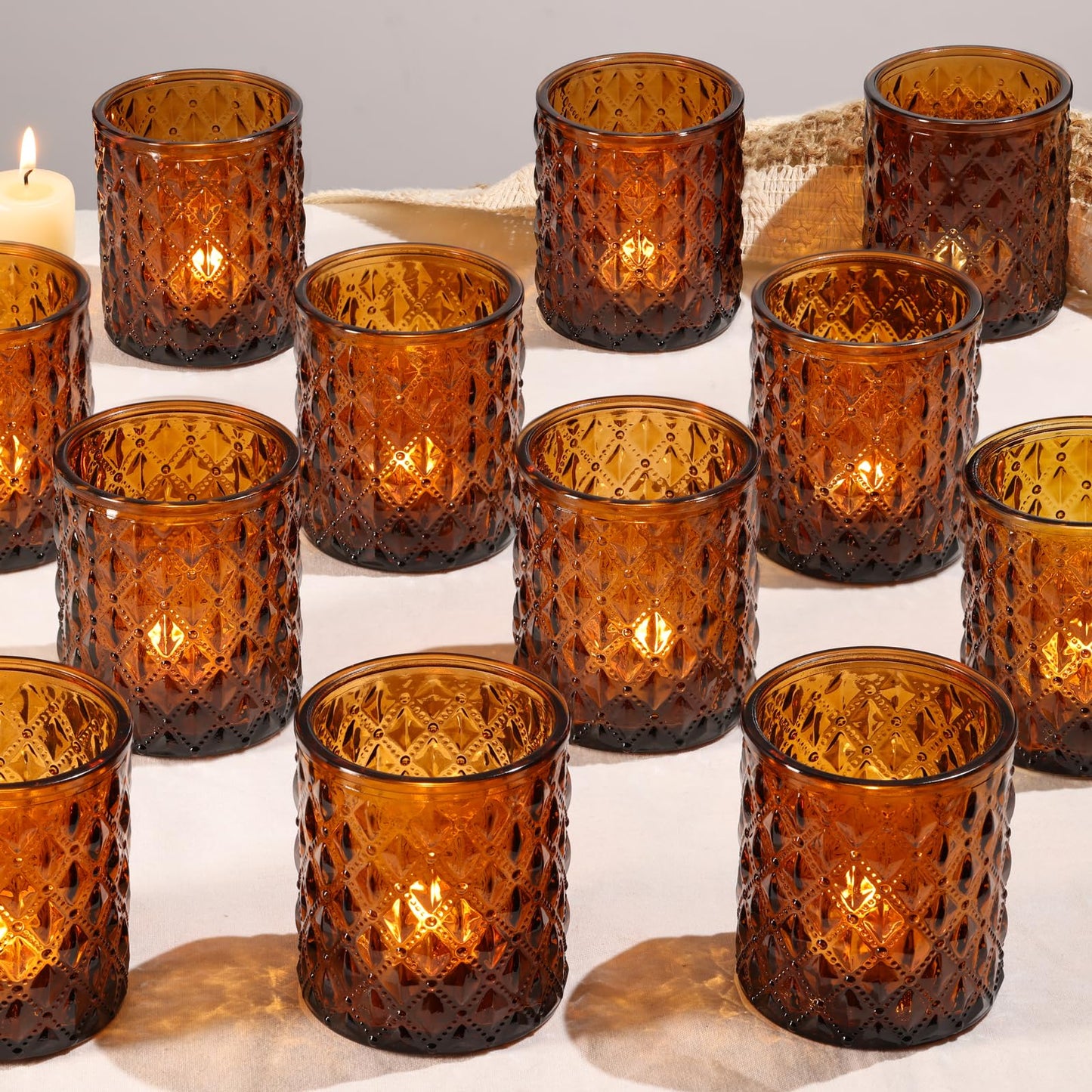 MATAHUM 12Pcs Large Votive Candle Holders 2.8 * 3.2in Amber Tea Light Candle Holders Glass Candle Holder for Bridal Shower, Wedding, Table Centerpiece, Party, Home Decor