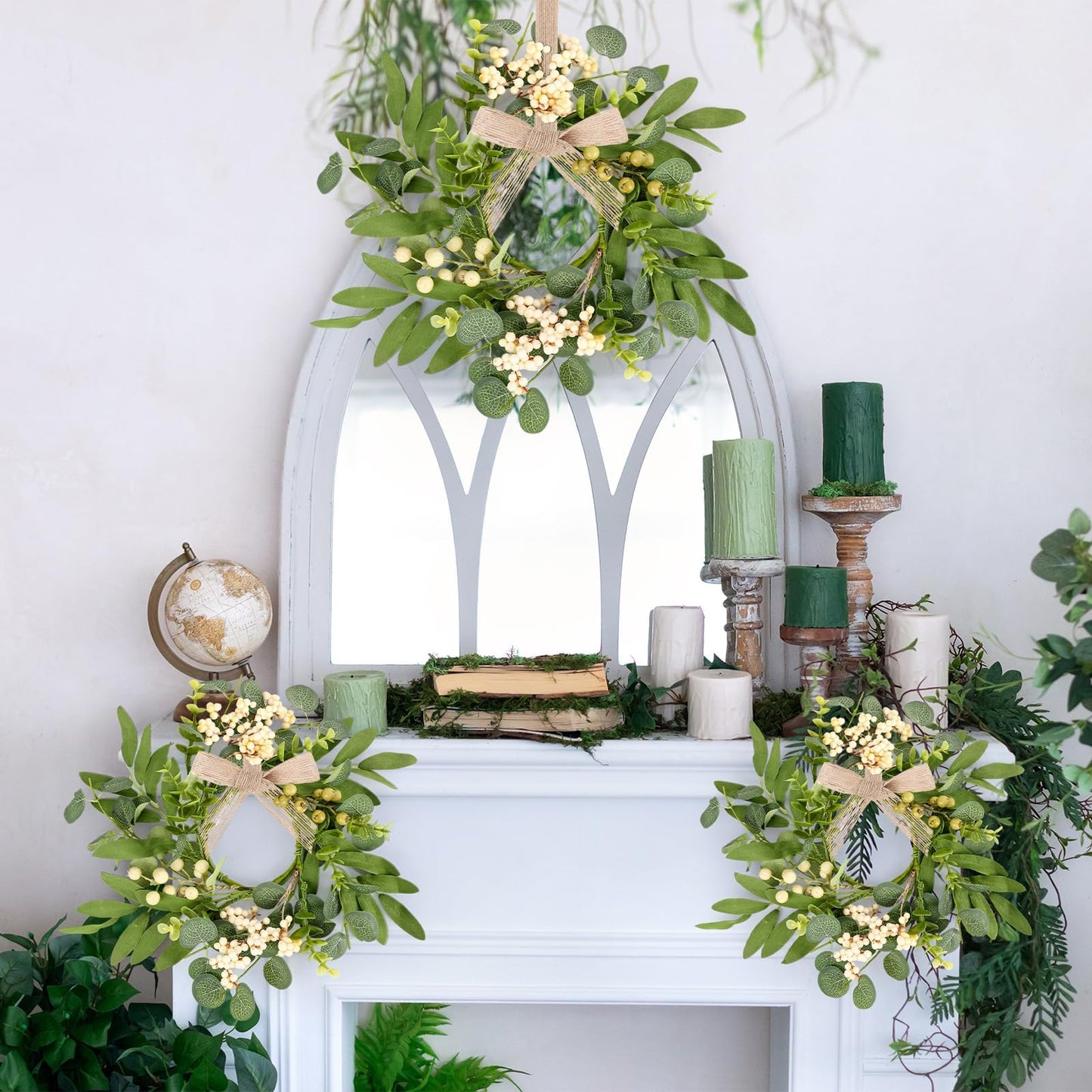 4 Pcs Green Eucalyptus Candle Rings Wreaths Spring Summer Kitchen Cabinet Wreaths Mini Green Berry Leaves Candle Wreath for Pillars Farmhouse Festival Wedding Celebrations Tabletop Decoration