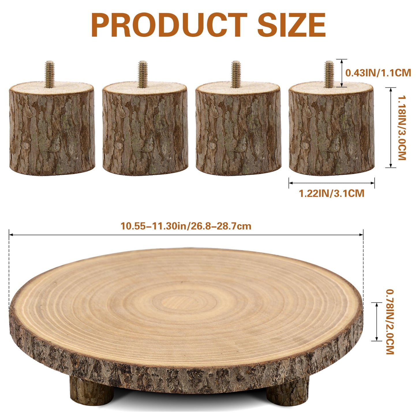 Sukione Wood Cake Stand with 4 Legs, 10-11 Inch Natural Rustic Wooden Slice Cupcake Stand for Wedding, Birthday & Baby Shower, Farmhouse Dessert Display, Woodland-Themed Party, Father's Day Decor