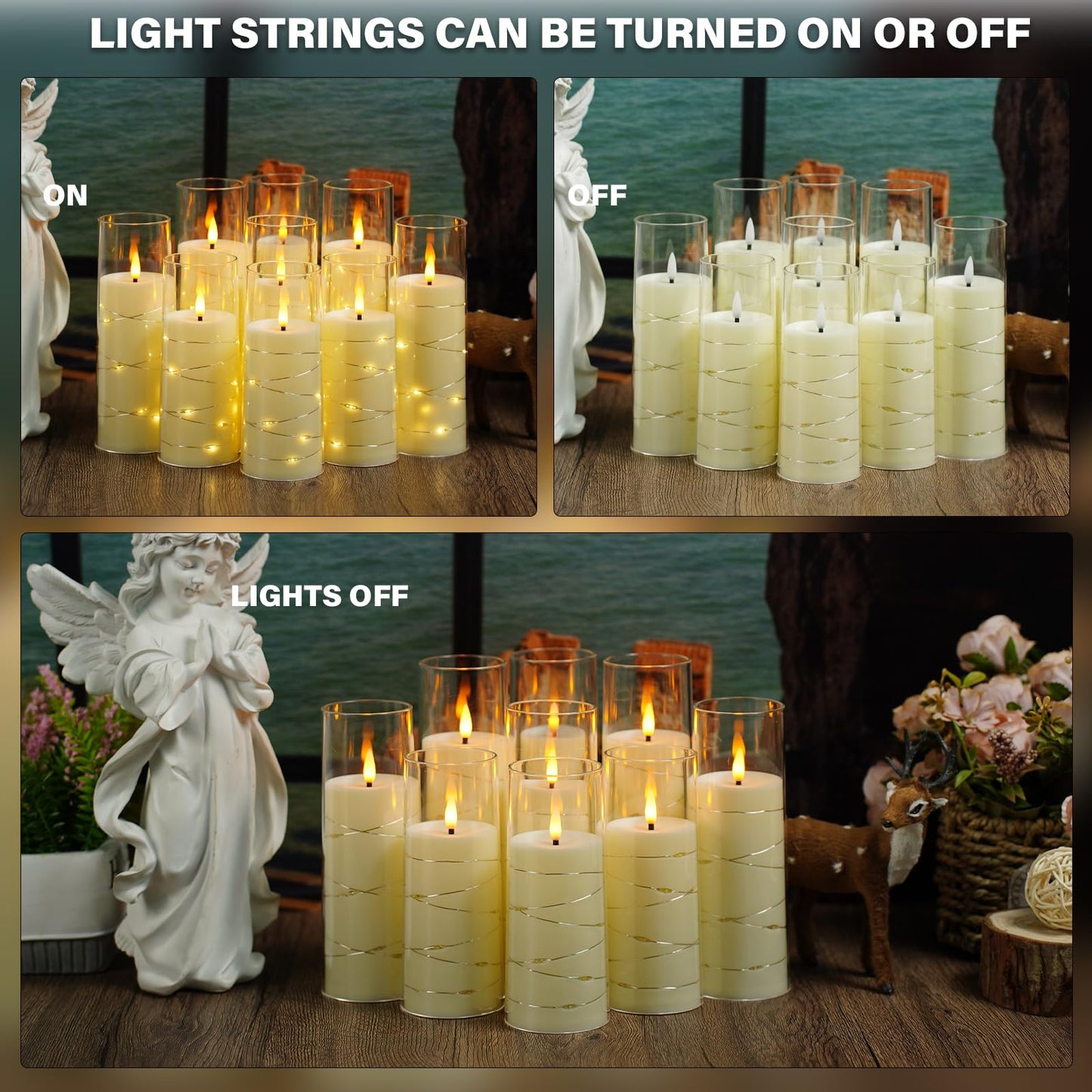 Nimiko Flickering Flameless LED Candles,Battery Operated Candles 9 Pcs with Embedded Star String,Acrylic LED Pillar Candles with Remote,Suitable for Home Decoration to Create an Atmosphere (Ivory)