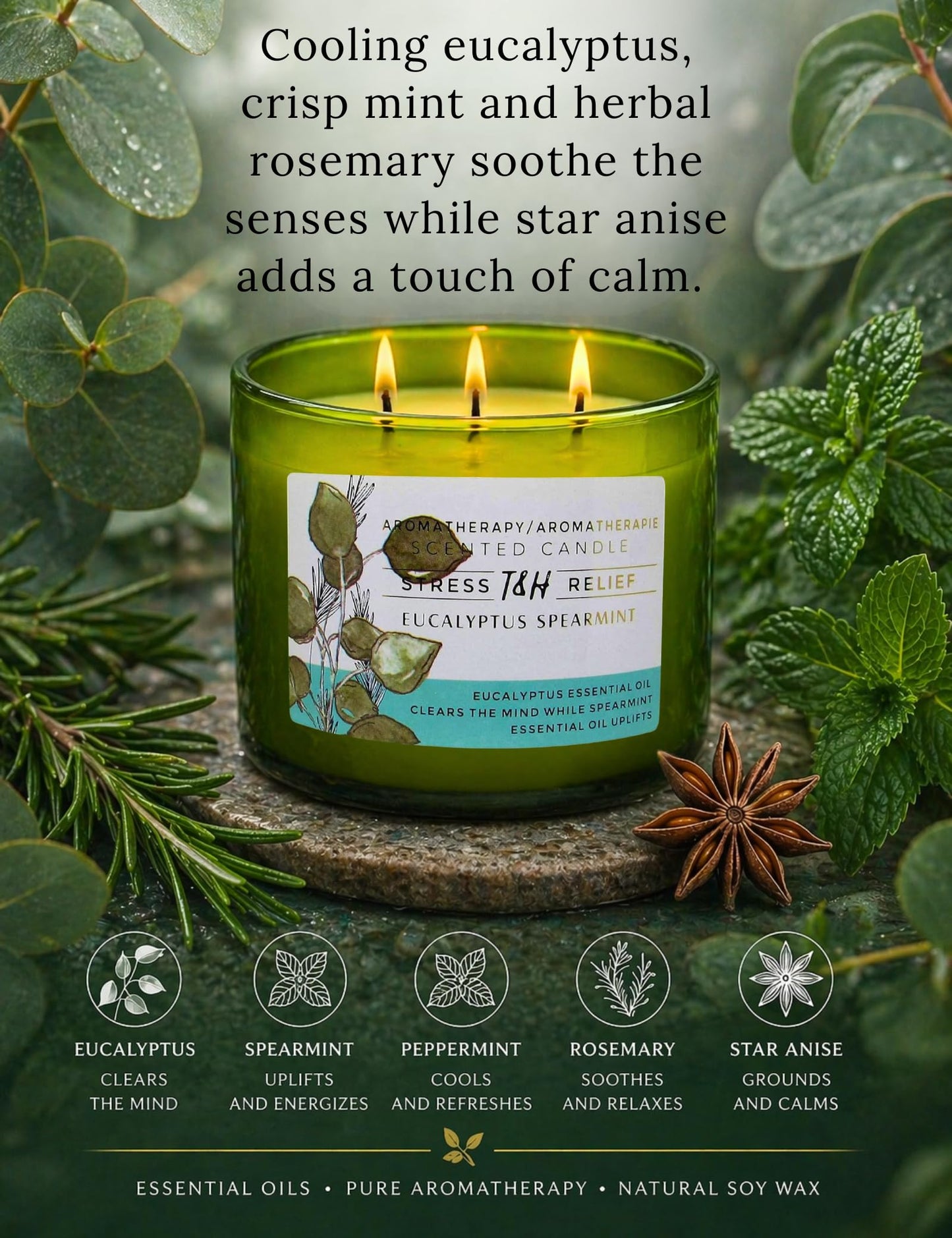 Eucalyptus Spearmint Scented Candle | 15.8 oz Large 3 Wick Soy Candle | Soothing Aromatherapy Candle for Home | Fresh Mint Spa Scent | Long Lasting Clean Burn | Relaxation & Yoga Gift for Women & Men