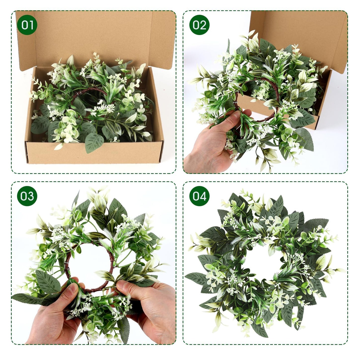 4 Pcs Eucalyptus Candle Ring 4 Inch Center Mini Kitchen Cabinet Wreaths Artificial Small Green Leaves Wreaths Garland Pillar Holder for Home Door Window Farmhouse Wedding Party Table Centerpiece Decor