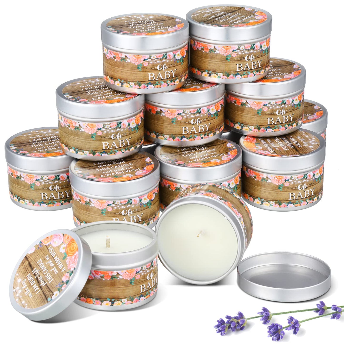 Funtery 12 Pcs Baby Shower Party Favors for Guests Baby Shower Candles Lavender Scented Candle Rustic Tealights Candles Gender Reveal Return Gifts(Flower)