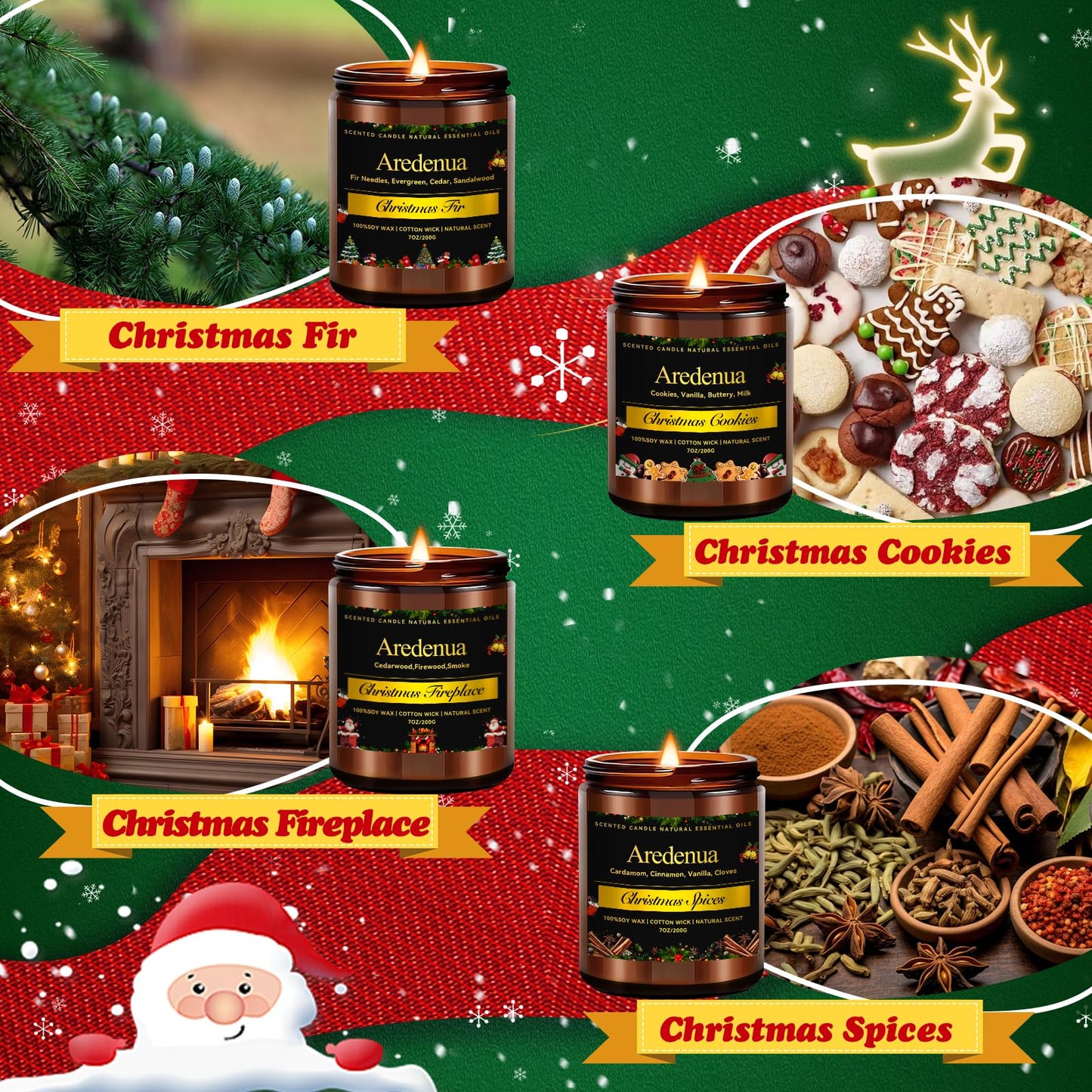 Holiday Candles Set | 4 Pack Holiday Scented Candles, Hand Poured Soy Candles for Home Scented - Christmas Candle Gifts for Women and Men - Scents of Fir/Spices/Cookies/Fireplace
