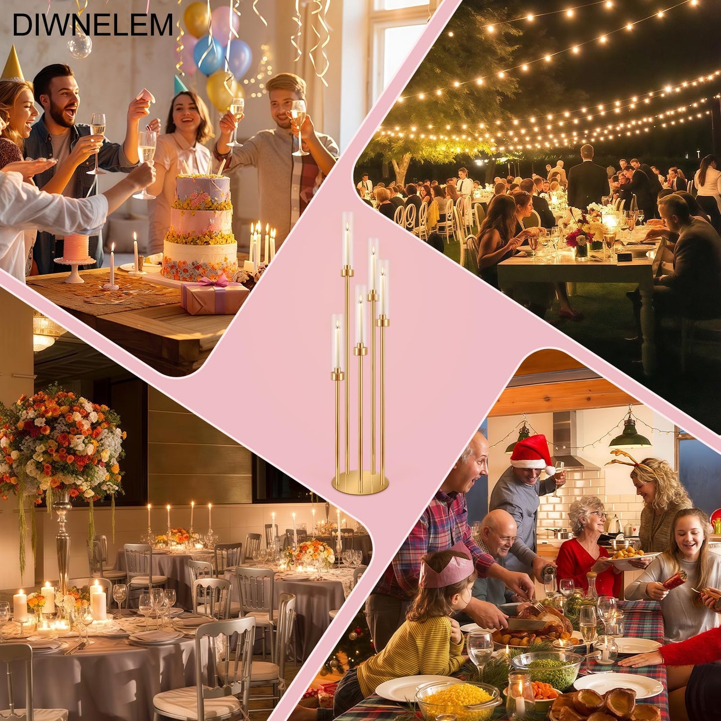 DIWNELEM 4 Pcs Gold Candelabra Centerpieces 5 Arm 42" Tall Metal Candle Holder Floor Candelabra Wedding Centerpieces Metal Candlestick Holders with Acrylic Removable Lampshade for Christmas Decoration