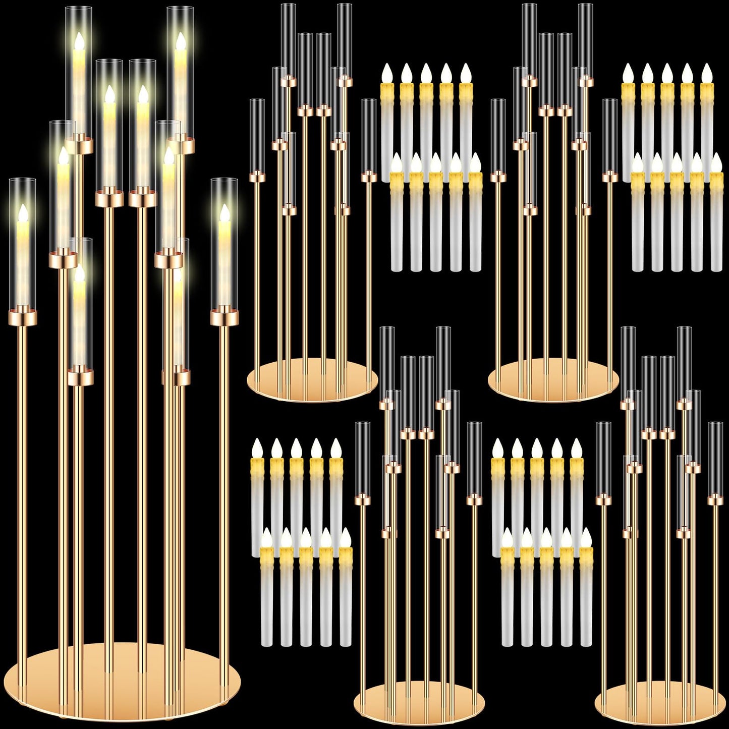Tandefio 4 Pcs 10 Arm Wedding Gold Candelabra Floor Centerpieces with 40 LED Candle 46.5'' Tall Candlestick Metal Holder with Lampshade Fit 0.8 for Ceremony Party Dinner Table Easter Birthday Holiday