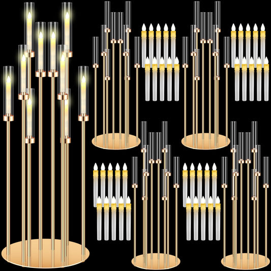 Tandefio 4 Pcs 10 Arm Wedding Gold Candelabra Floor Centerpieces with 40 LED Candle 46.5'' Tall Candlestick Metal Holder with Lampshade Fit 0.8 for Ceremony Party Dinner Table Easter Birthday Holiday