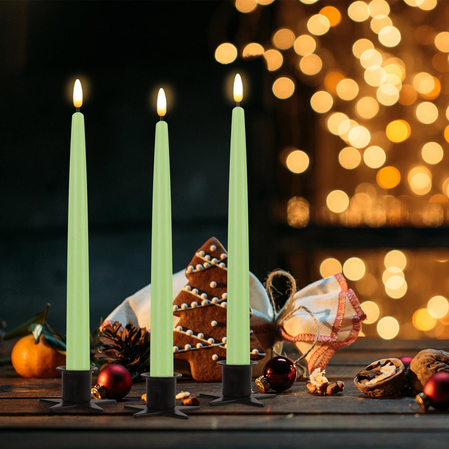 CVHOMEDECO. Flameless Taper Candles with 10-Key Remote, Battery Operated Led Flickering 3D Wick Window Candles Real Wax Finished Home Christmas Party Decor 0.78 x 11 Inch, Pack of 3, Light Green