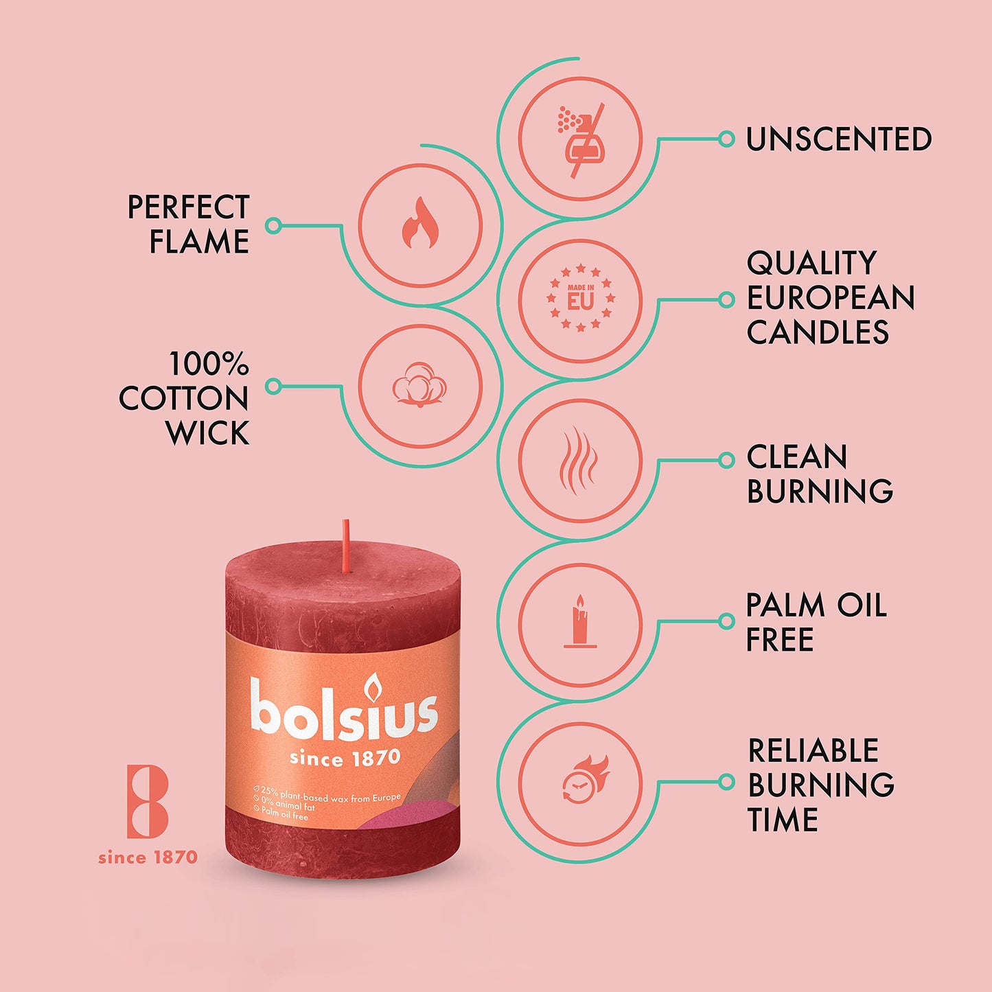 BOLSIUS 4 Pack Delicate Red Rustic Pillar Candles - 2.75 X 3.25 Inches - Premium European Quality - Includes Natural Plant-Based Wax - Unscented Dripless Smokeless 35 Hour Party Décor Candles