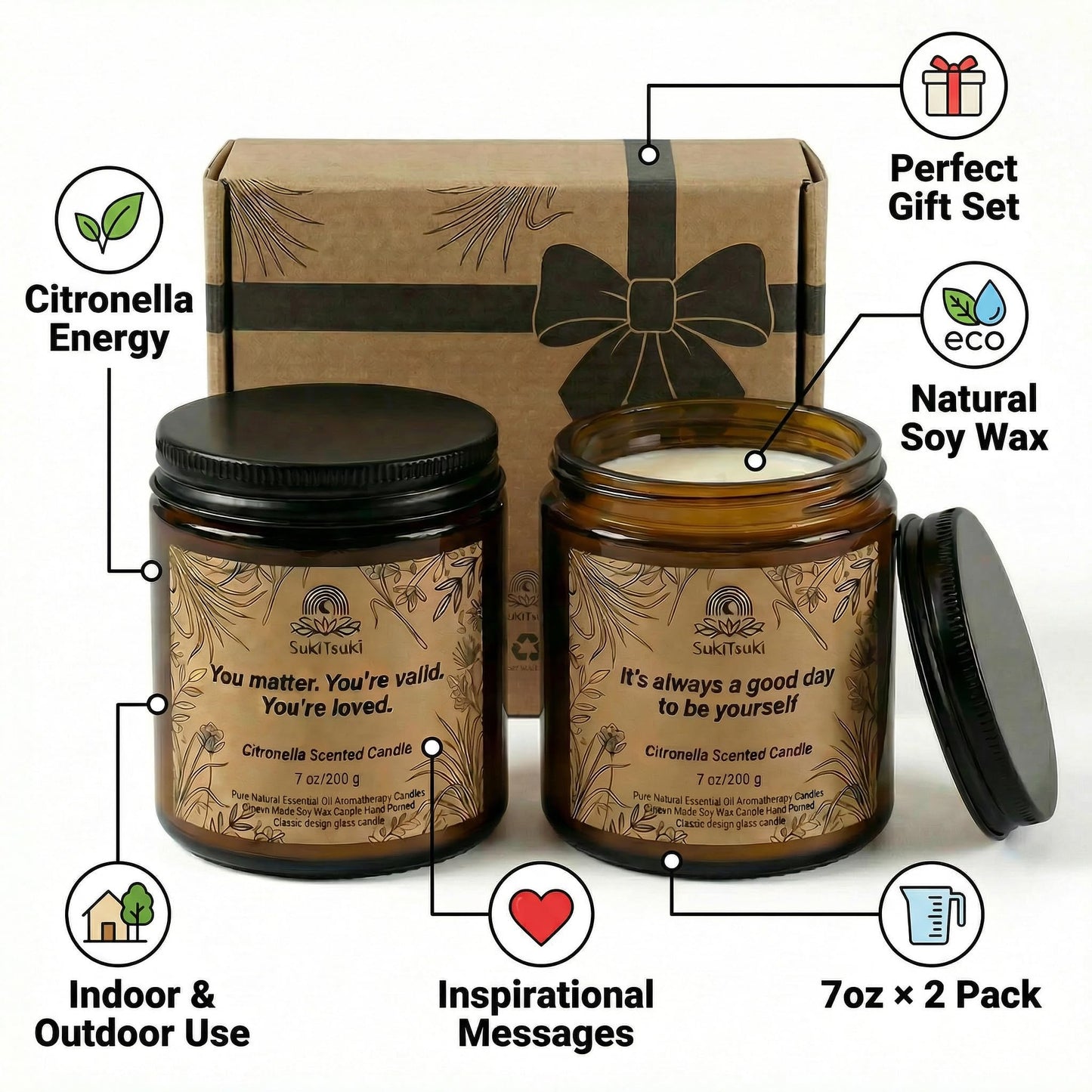 SukiTsuki 2 Pack citronella Energy Soy Scented Candles Set Outdoor Patio Camping Decor, use for Birthday White Elephant Anniversary Pride Gift for Gay Lesbian boss Women Men Friends