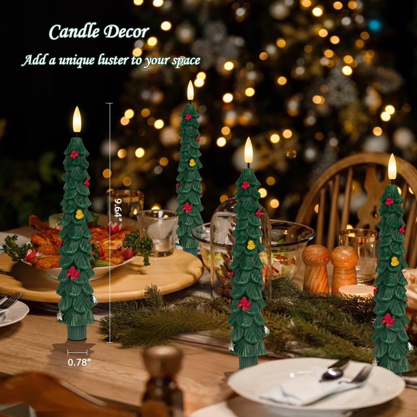 AFINETH Christmas Tree Taper Candles with Remote, 2 Pack Green Flameless Candles Battery Operated, Real Wax 9.6 Inch Flickering Led Tree Candlesticks Decorations for Winter Home Holiday Xmas Gift