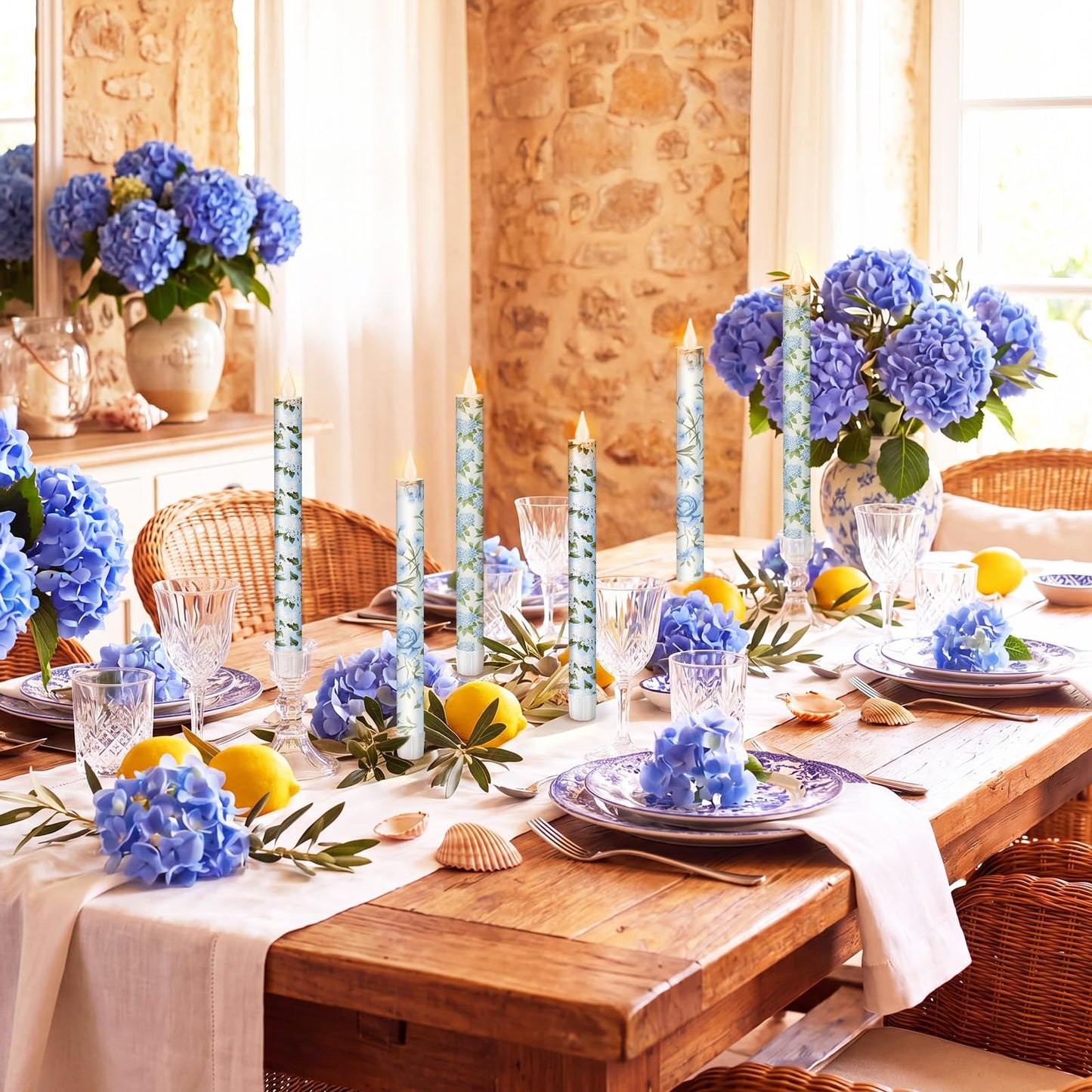 Lyrow 6 Pcs Blue Floral Flameless Taper Candles 11 Inch Hydrangea Flameless Candles Real Wax LED Candle Flickering Battery Operated Candlesticks for Wedding Anniversary Summer Gifts