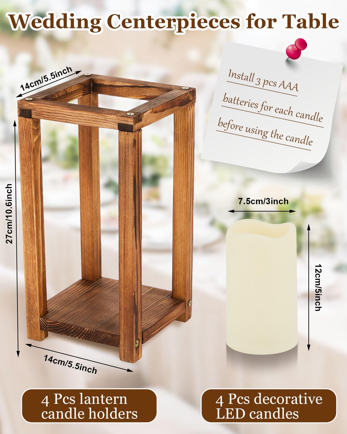 Huquary 8 Pcs Wooden Wedding Lantern Centerpiece for Table Decoration Includes 4 Farmhouse Candle Holder and 4 Flameless Decorative LED Candles for Rustic Home Wedding Decor(Dark Brown)