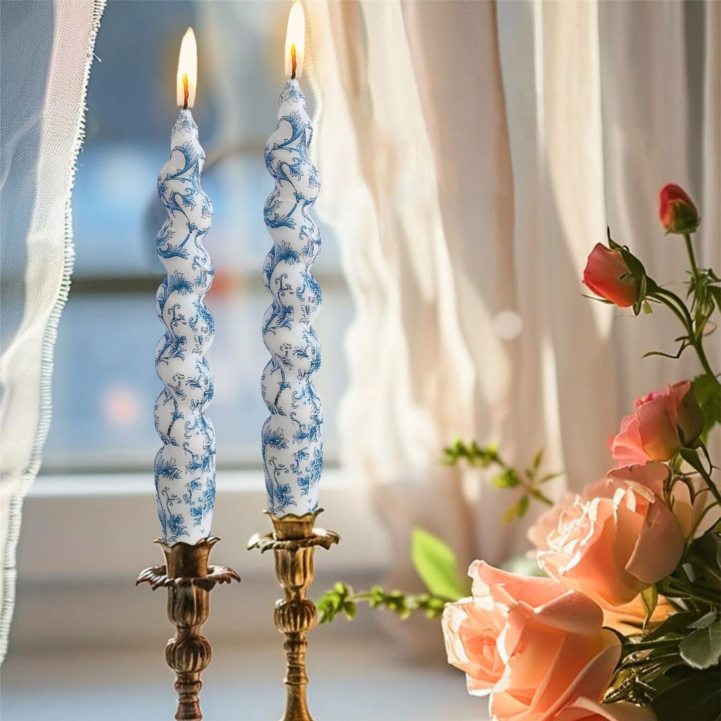 Gedengni Spiral Candle Sticks Printed Candlestick,Set of 4 Long Taper Candle Colorful Twisted Candlesticks 10 inches Blue Flower Tapered Candles for Home Wedding Women Gifts (2D4T-BLUFLW)