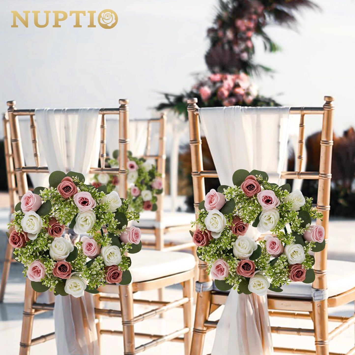 NUPTIO Flower Candle Rings for Centerpieces: 13.4 Inch Artificial Rose Wreath for Wedding Party Christmas - Dusty Rose & White Wreaths for Spring Summer Front Door Porch Table Decor 6 Pcs