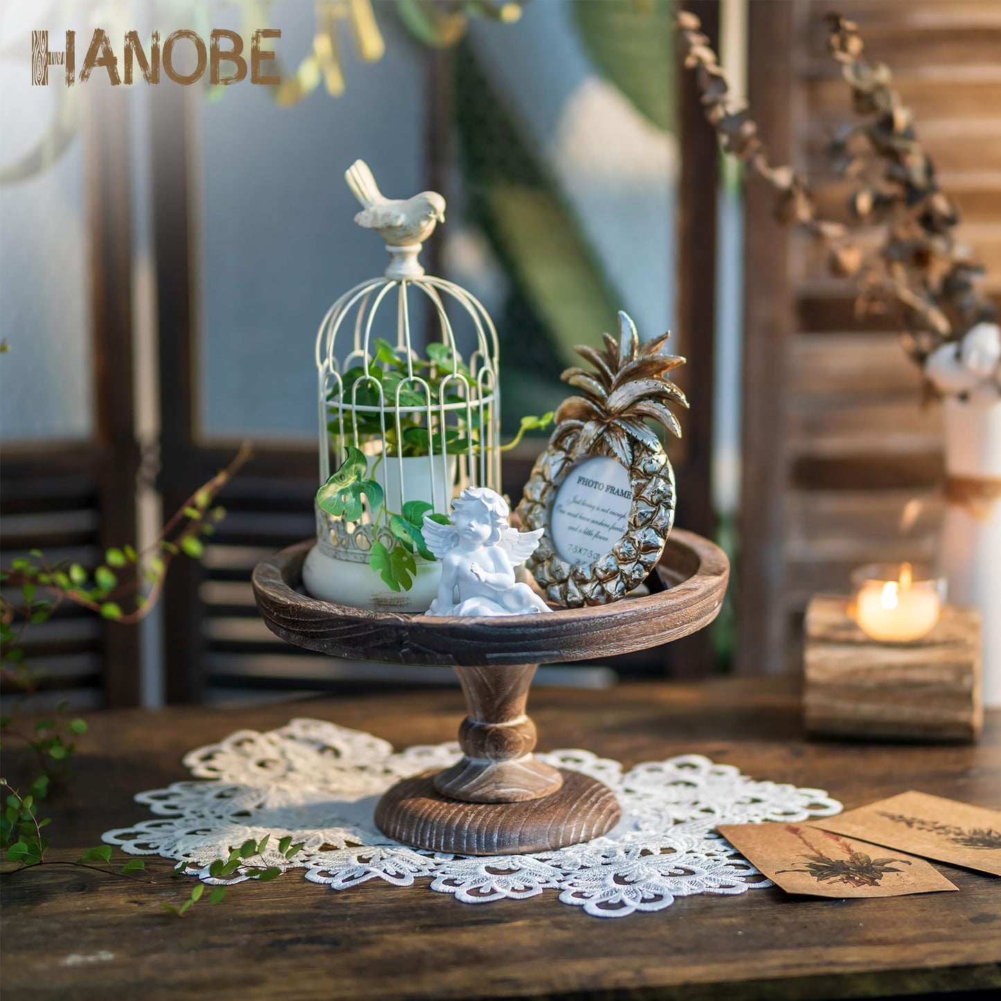 Hanobe Display Riser for Farmhouse Decor: Rustic Wooden Risers Round Decorative Pedestal Plate Stand Holder Tray for Candle, Cupcake, Plant