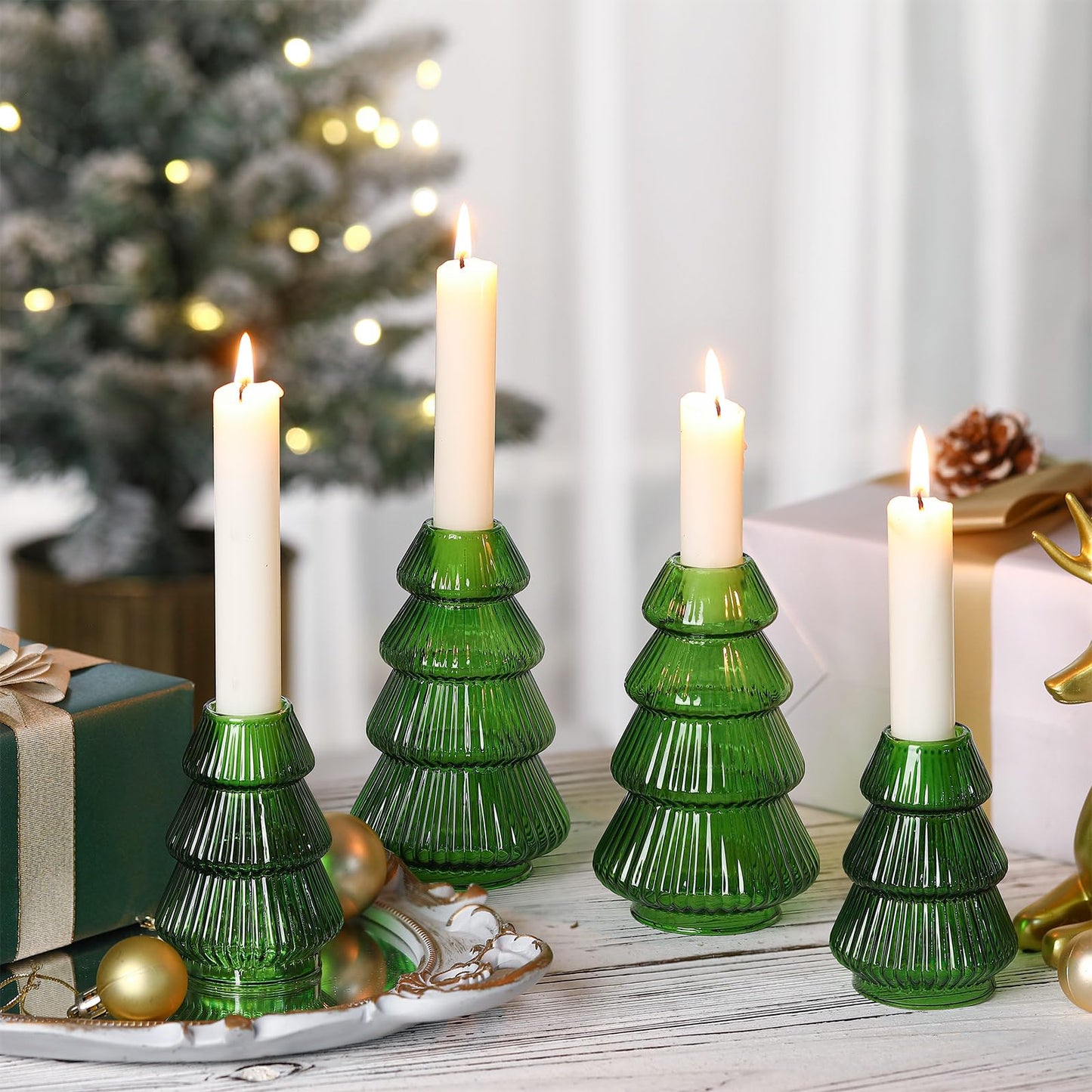 Leinuosen 4 Pcs Christmas Tree Candle Holder Green Glass Candlestick Holder for Taper Candle Stand Modern Green Candlestick for Christmas Holiday Table Centerpiece Mantel Home Room Party Decor Gift