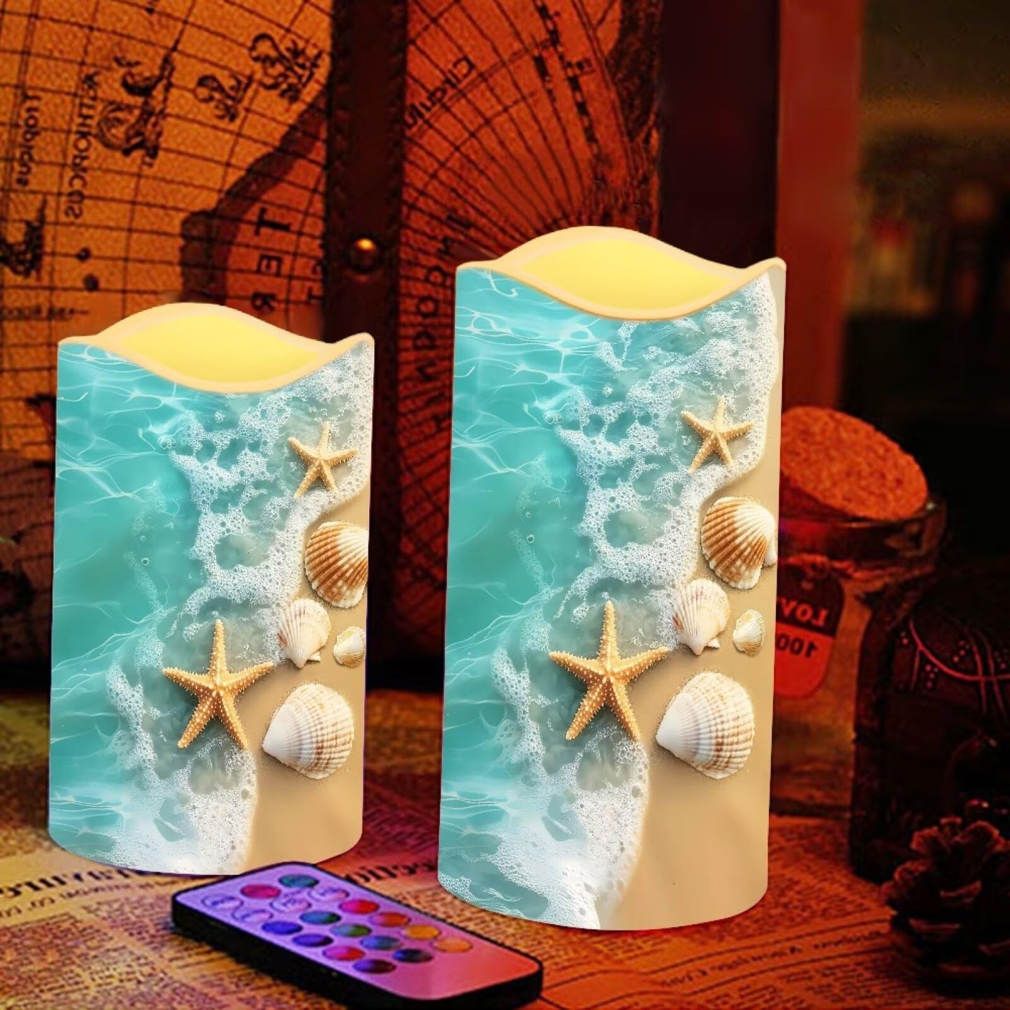 Cozeyat Sea Star Rustic Wedding LED Candles 4 Pack Battery Operated Flameless with Remote Control Timer Color Changing Waterproof for Indoor Outdoor Beach