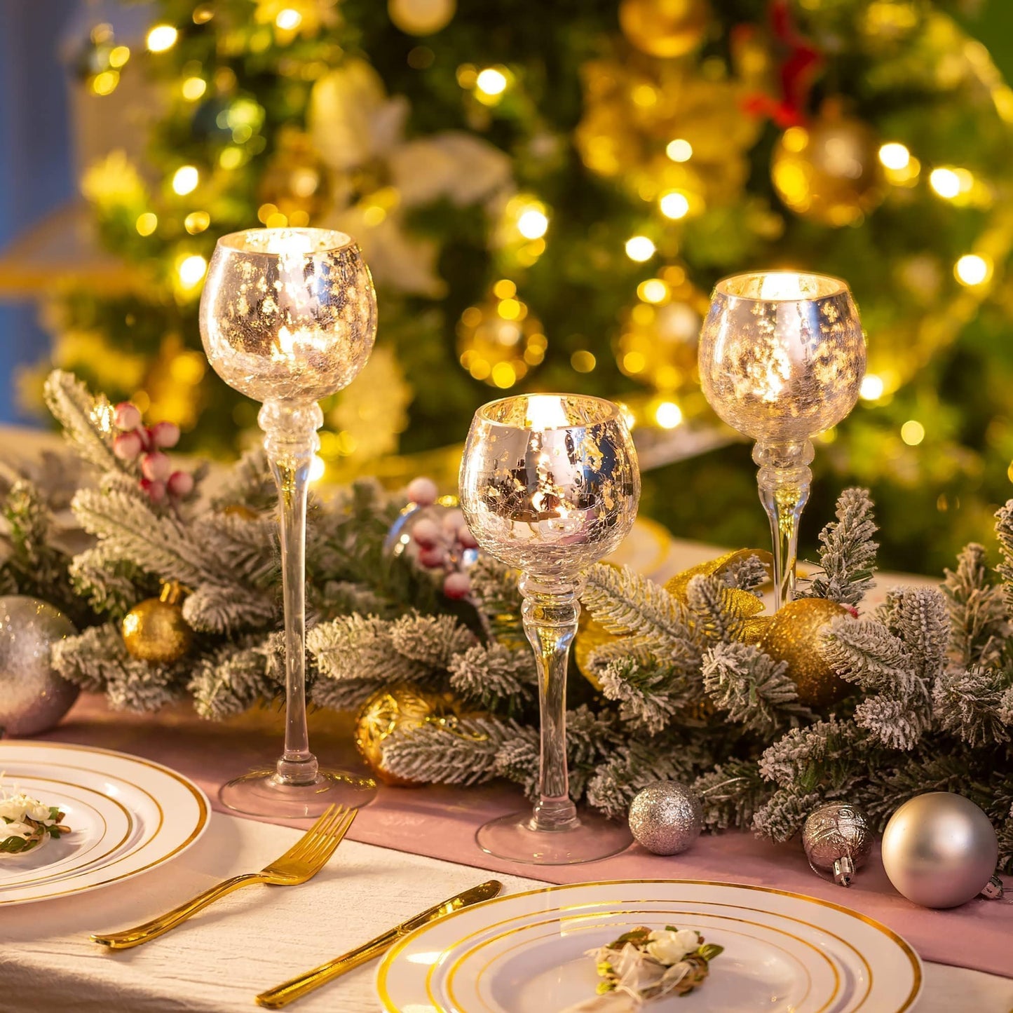 Inweder Glass Tealight Candle Holder: Silver Mercury Votive Holders 9/10/12 Inch Tall Long Setm Floating Candle Holders for Christmas Dining Table Centerpiece Wedding Party Set of 3
