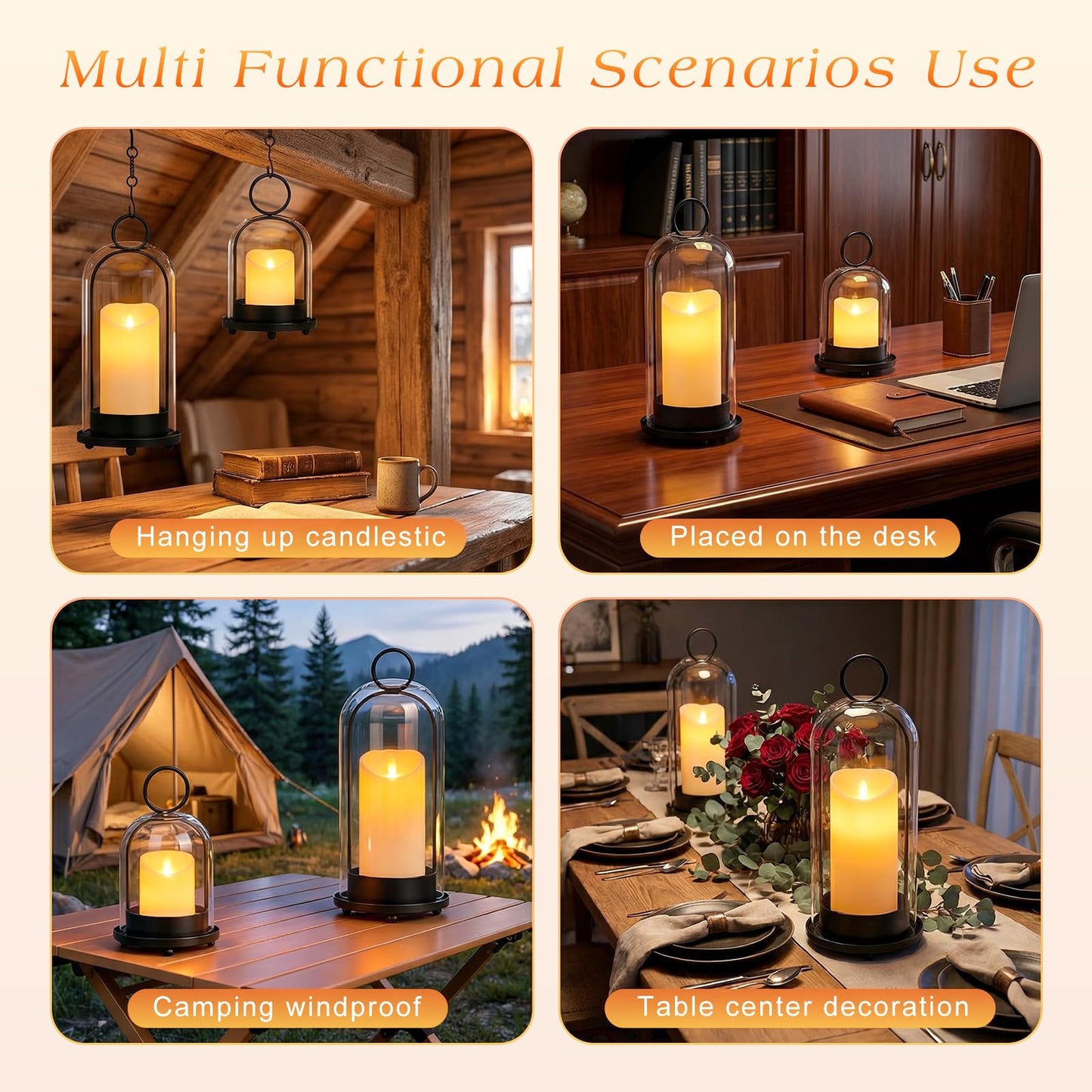 Fohil 5" & 4" Hurricane Glass Candle Holders, Set of 2 Metal Candle Holder with Handmade Sturdy Glass Dome, Candle Lantern for Pillar Candles, Plants, Table Centerpiece, Home Decor