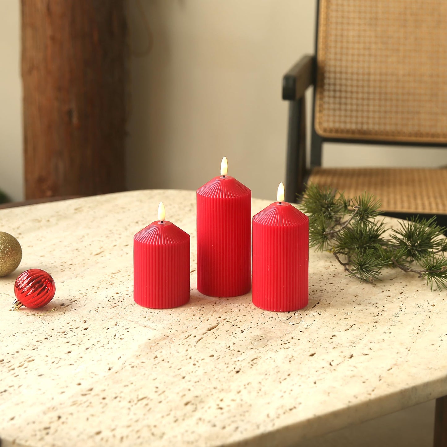 LUSHARBOR Flameless Candles with Remote, Battery Operated Candles Real Wax LED Fake Pillar Candles with Timer Flickering Flame for Wedding Home Party, Set of 3 Red