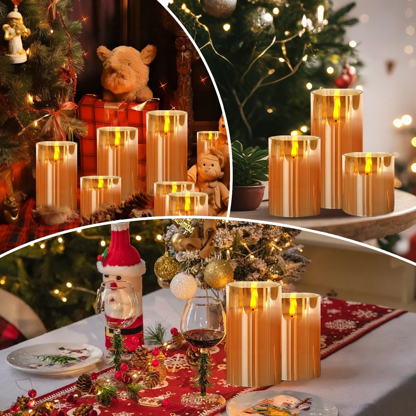 Flameless Candles, Battery Operated Led Flickering Flameless Candles 3 Pack with Star String Lights, Brown Glass Timer & Remote, Flickering Safe for Wedding Home Party Decor