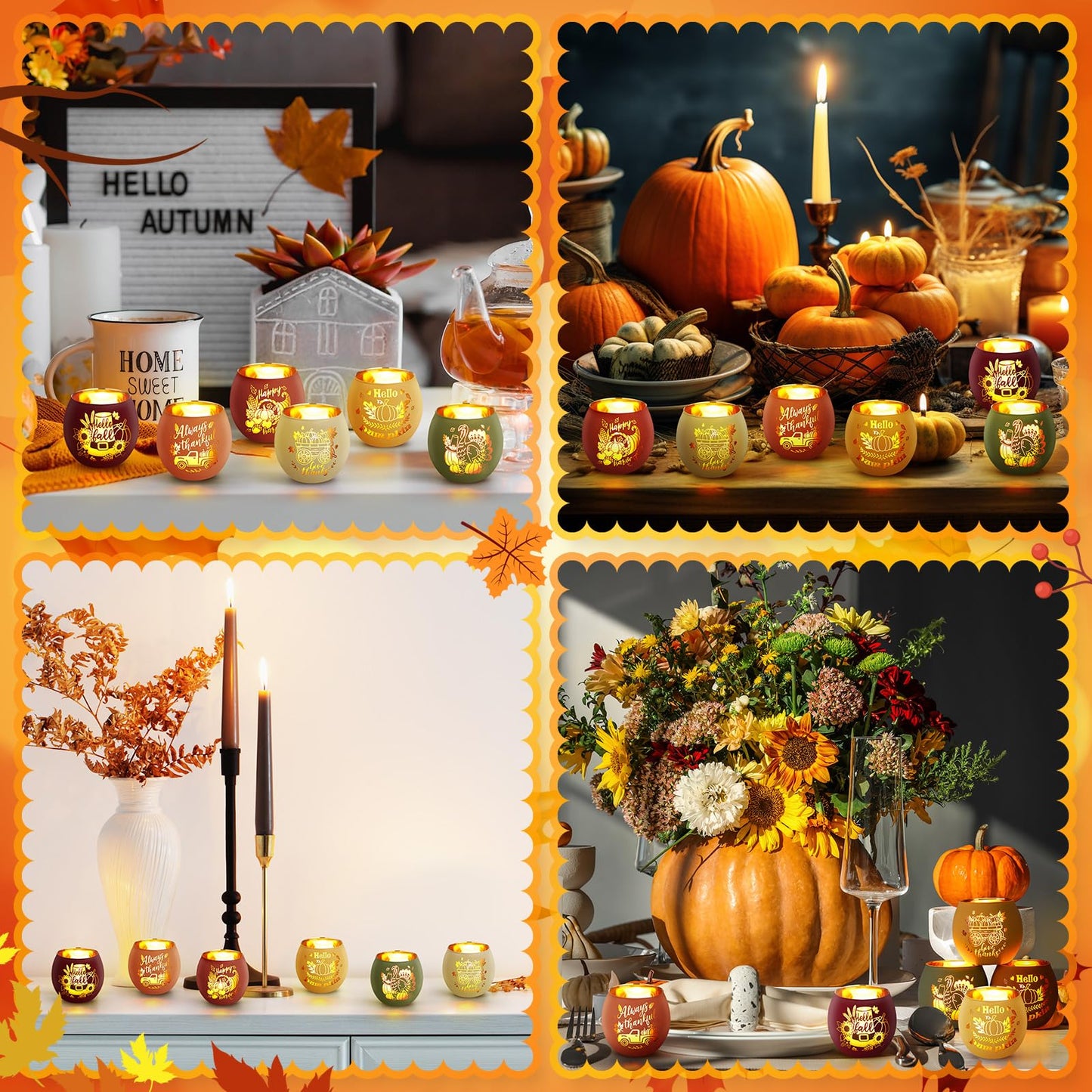 VIHOSE 6 Set Thanksgiving Votive Candle Holders with 6 LED Battery Operated Candles Fall Glass Tealight Holders Fall Table Decorations for Home Table Centerpiece Decor Gifts