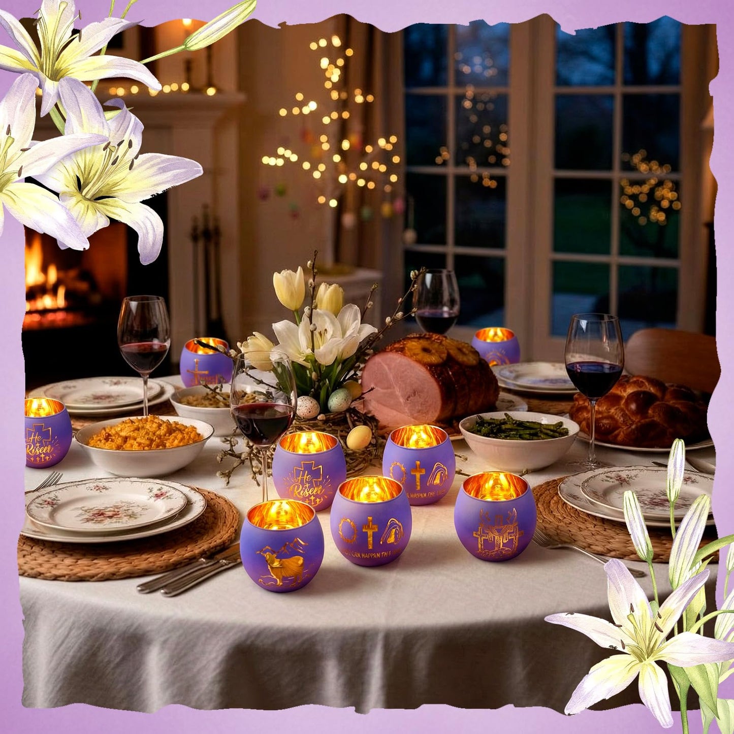 FoldTier 6 Pcs Easter Candle Holders He is Risen Tealight Votive Candle Holder for Table Centerpiece Christian Religious Glass Tealight Votive Easter Tabletop Decor for Home Altar Decoration