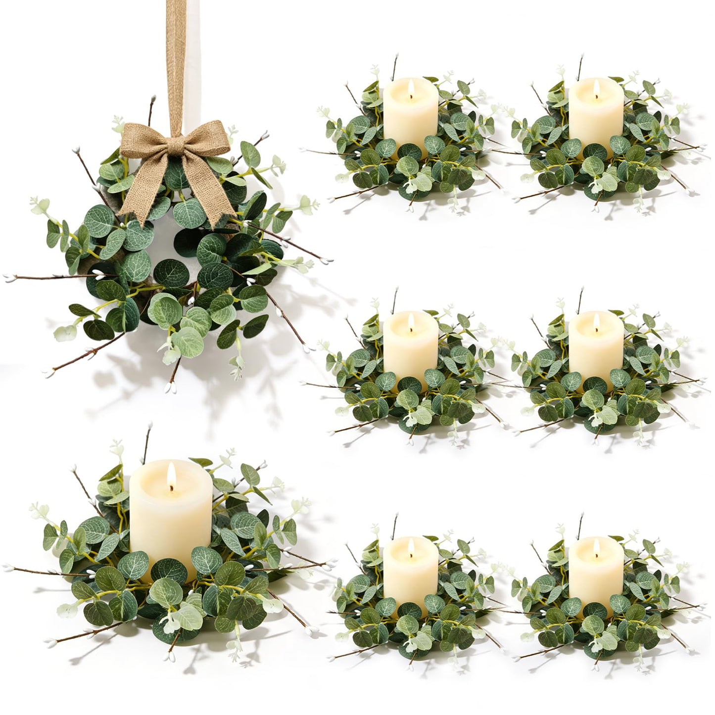 6 Pcs Small Spring Summer Candle Ring Wreaths with Artificial Eucalyptus Greenery White Buds Branches Mini Pillar Candle Holder Wreath for Home Table Centerpieces Kitchen Wedding Farmhouse Party Decor