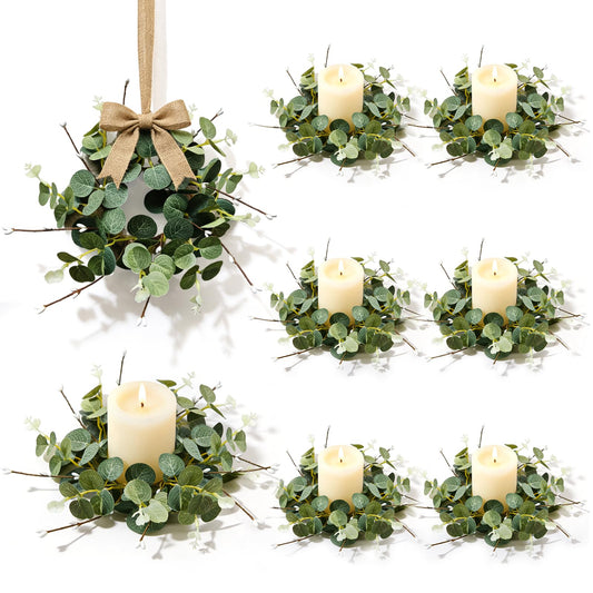 6 Pcs Small Spring Summer Candle Ring Wreaths with Artificial Eucalyptus Greenery White Buds Branches Mini Pillar Candle Holder Wreath for Home Table Centerpieces Kitchen Wedding Farmhouse Party Decor