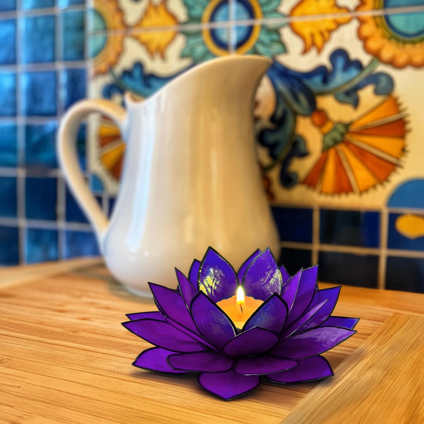 Moonshadow Handmade Capiz Shell Lotus Tea Light Holder, Elegant Flower Design with Natural Translucent Finish, Ideal for Home Decor, Meditation, Weddings & Serene Centerpieces, Purple