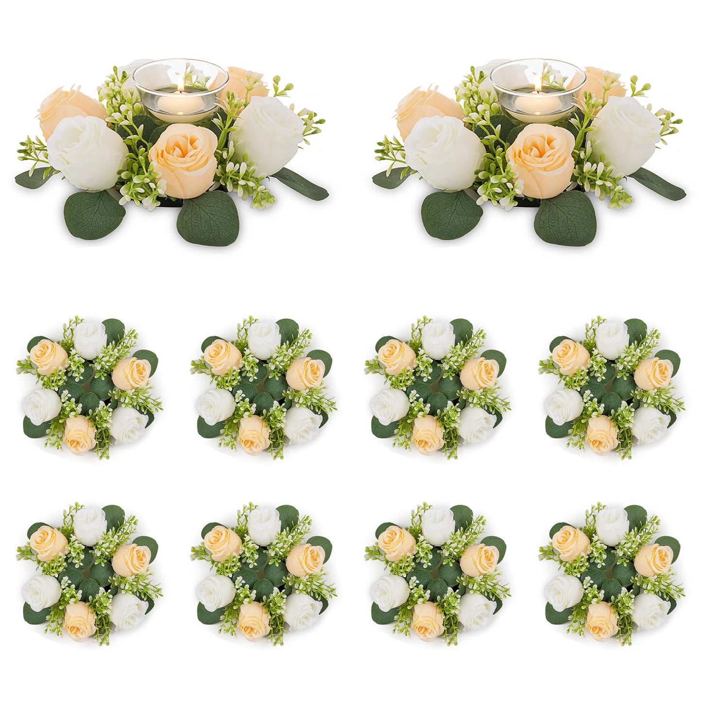 NUPTIO Small Flower Rings for Centerpieces: 9.05 Inch Champagne & White Candle Wreath 10 Pcs for Wedding Party Christmas Table Decorations - Spring Summer Front Door Porch Decor