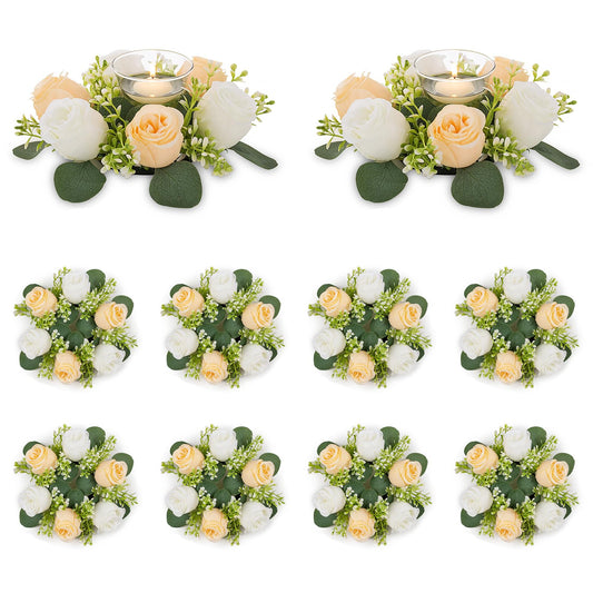 NUPTIO Small Flower Rings for Centerpieces: 9.05 Inch Champagne & White Candle Wreath 10 Pcs for Wedding Party Christmas Table Decorations - Spring Summer Front Door Porch Decor