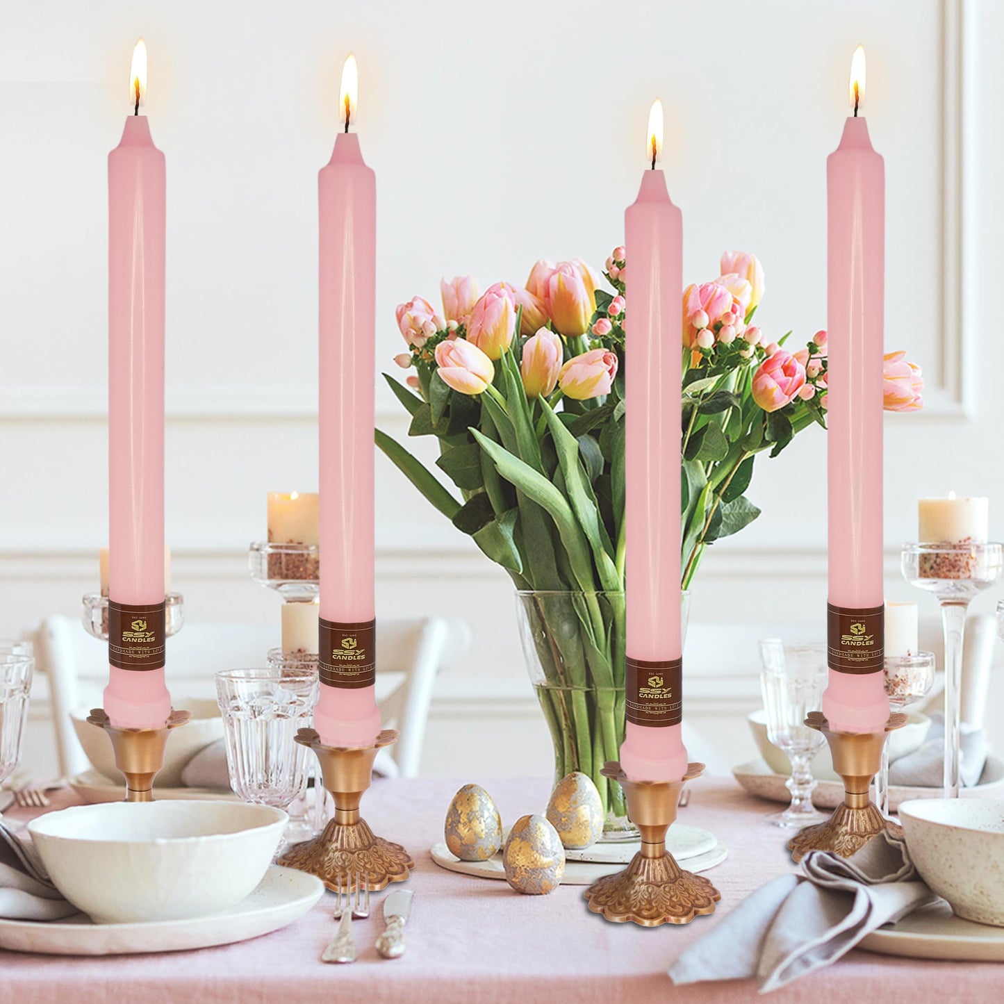 Pink Long Taper Candle 10 Inch Candlesticks Unscented Dripless Tapered Candle Set for Home Decor Wedding Party Dinner Candles, 4 Pack
