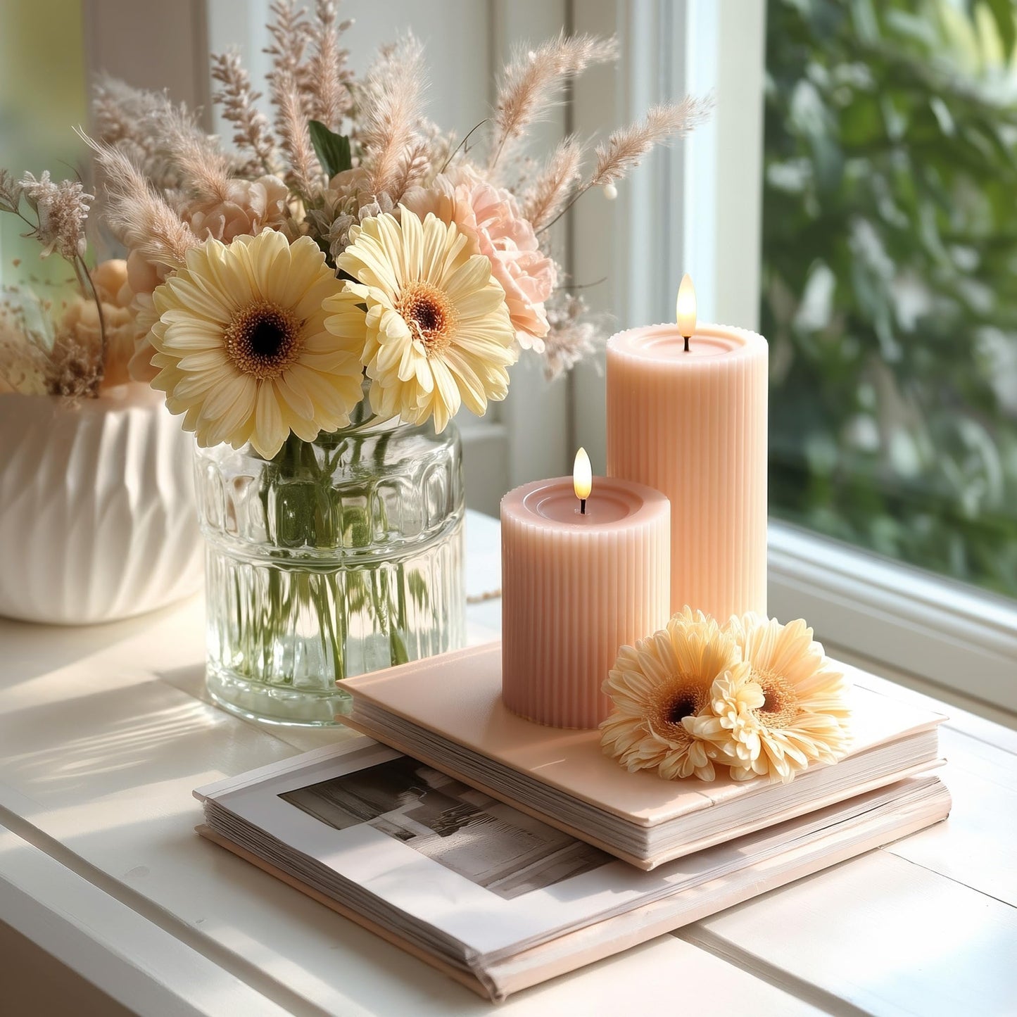 West Ivory Fluted Ribbed LED Pillar Candles, Blush Beige, with Reflective Melted-Wax Effect – Flickering Flame, Remote, Dimmable, Flameless, Battery Operated, Home & Wedding Decor (Set of 3)