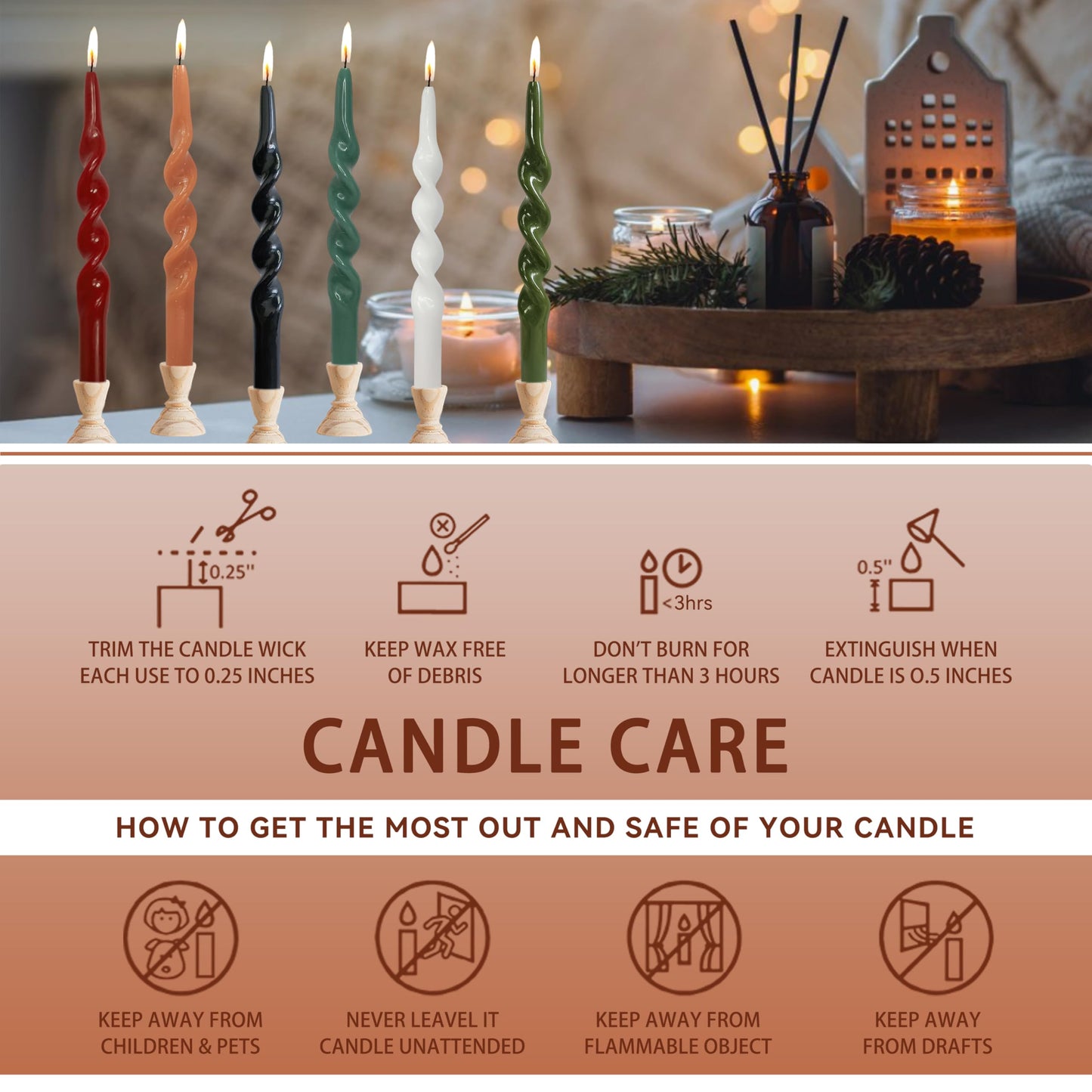 10 Inches Spiral Taper Candles Sticks Pumpkin Twisted Candle Dripless Unscented Long Candles, Handmade Candlesticks for Wedding Dinner Decor, Set of 4