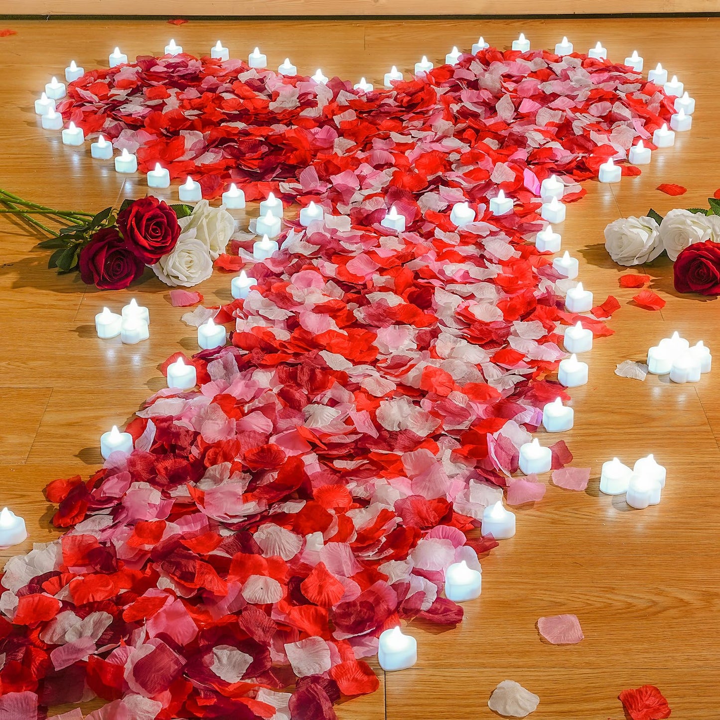 Coume 6000 Pieces Artificial Rose Petal 72 Pieces LED Tealights Candle, Romantic Decorations Special Night Rose Petal Heart Candle for Valentines Wedding Anniversary Proposal Decor(White Light)