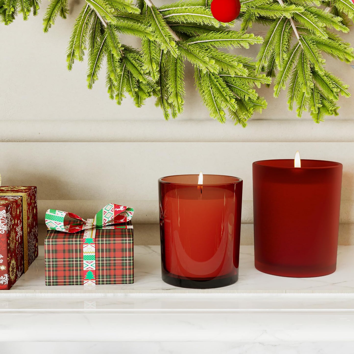 SHOWIN 10 OZ Thick Candle Jars for Making Candles 15 Pcs, Empty Jars with Wood Lids for Candle Making, Sample Container, Frosted Red