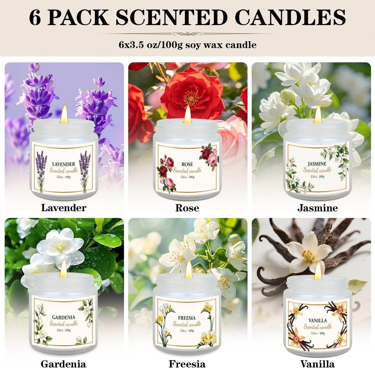 6 Pack Scented Candles for Women – Lavender, Vanilla, Gardenia, Rose, Jasmine, Freesia Floral Scents, 21oz Natural Soy Wax Aromatherapy Candles for Relaxation Stress Relief & Birthday Gifts for Women