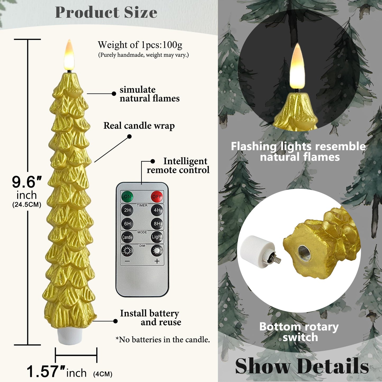 FCMSHAMD Gold Christmas Trees Flickering Flameless Candles with Remote and Timer, Real Wax 3D Flame Wick LED Candles, 9.8 Inch Battery Operated Candles for Christmas Home Decoration，4PCS