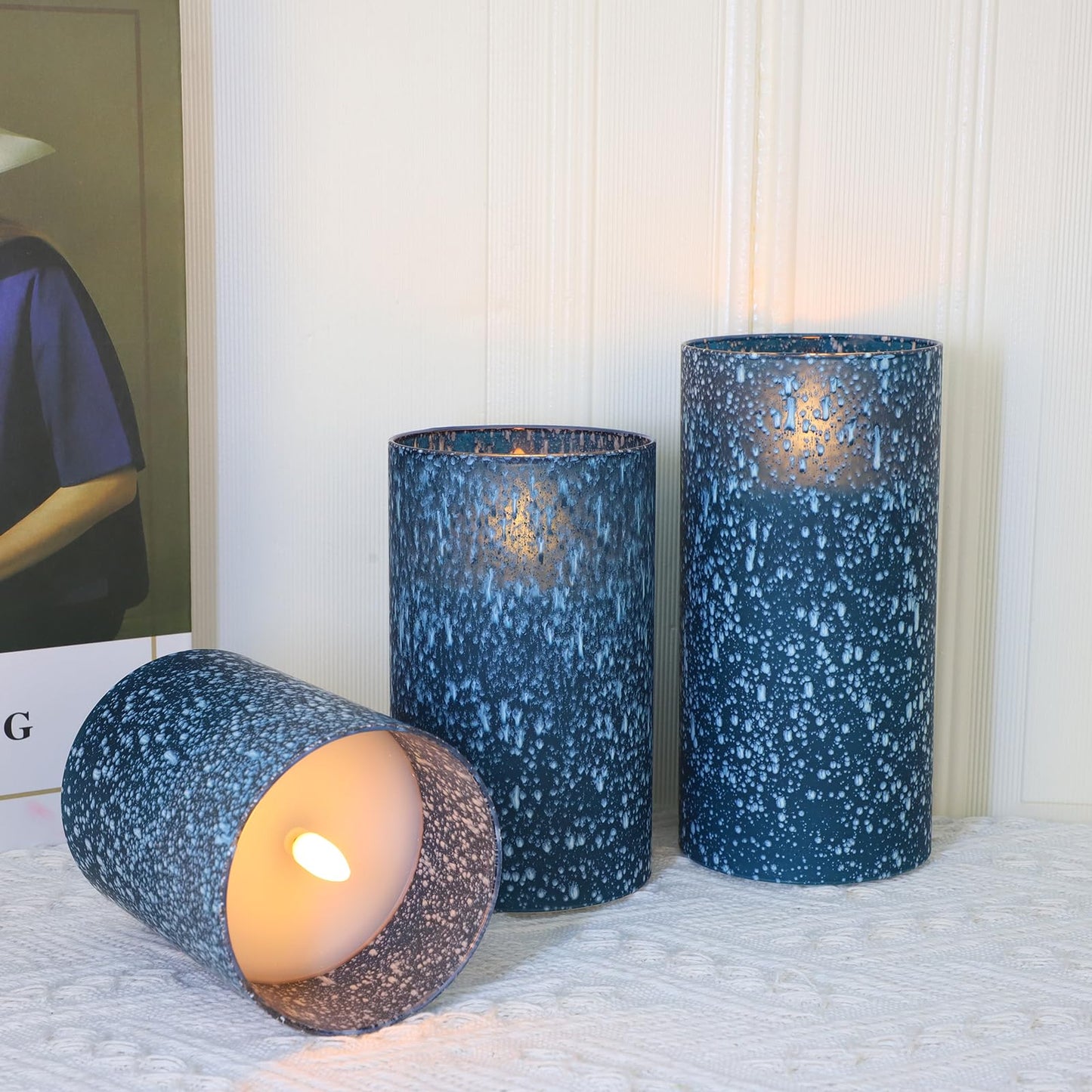 HJANDHJ Blue Flameless Candles with Remote and Timer, Real Wax Battery Operated Candles with Flickering Flame, Glass LED Pillar Candles for Home Wedding Decorations, Set of 3
